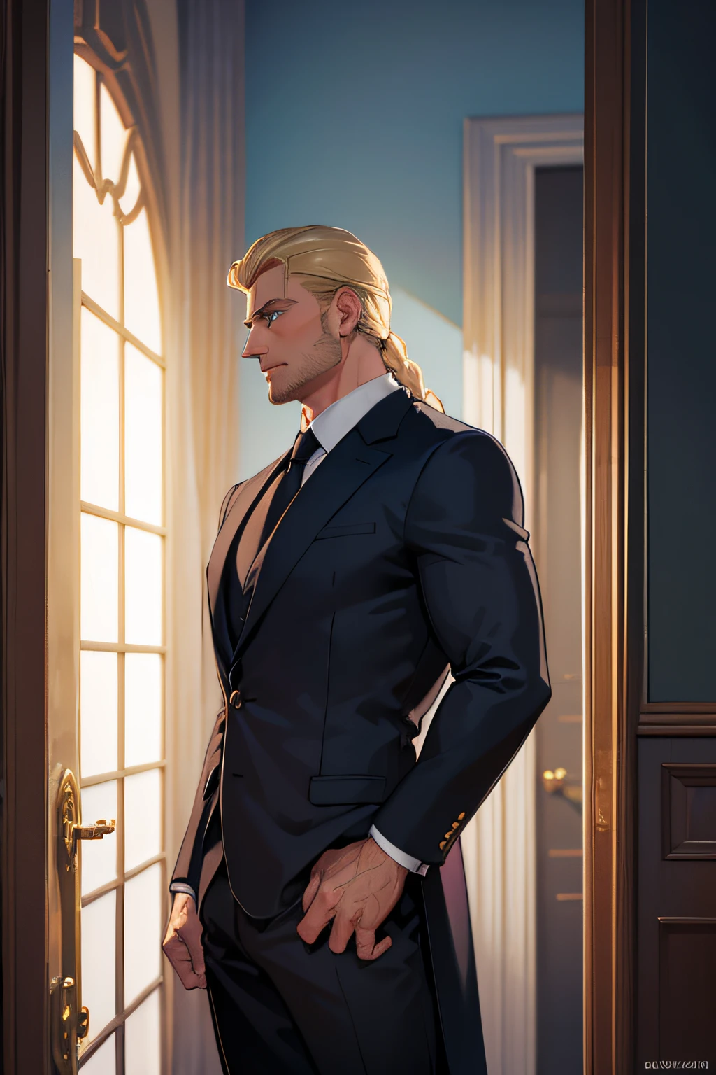 1man, male, forties, tall, big muscles, muscular, blond hair, blue eyes, russian, wearing a black suit