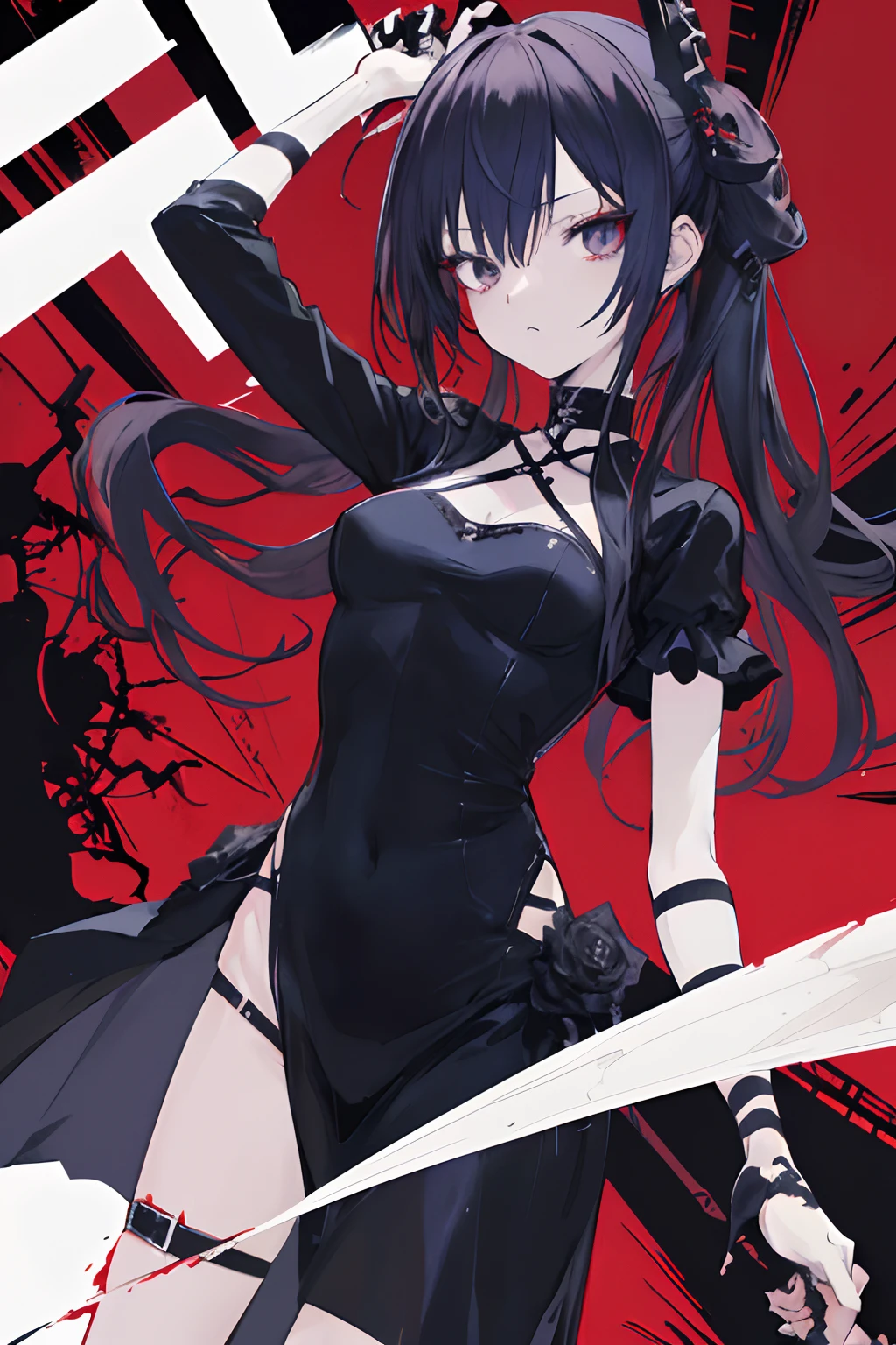 (comic book style),(linear art_Anime),(masutepiece, Best Quality, ),(Laura Bad Picture:1.2),(Lora Add Details:1.2),Highly detailed flat color:0.8, 8K,1 girl in,Gothic punk、Black long dress、Sickle in both hands、Fresh blood splattering background