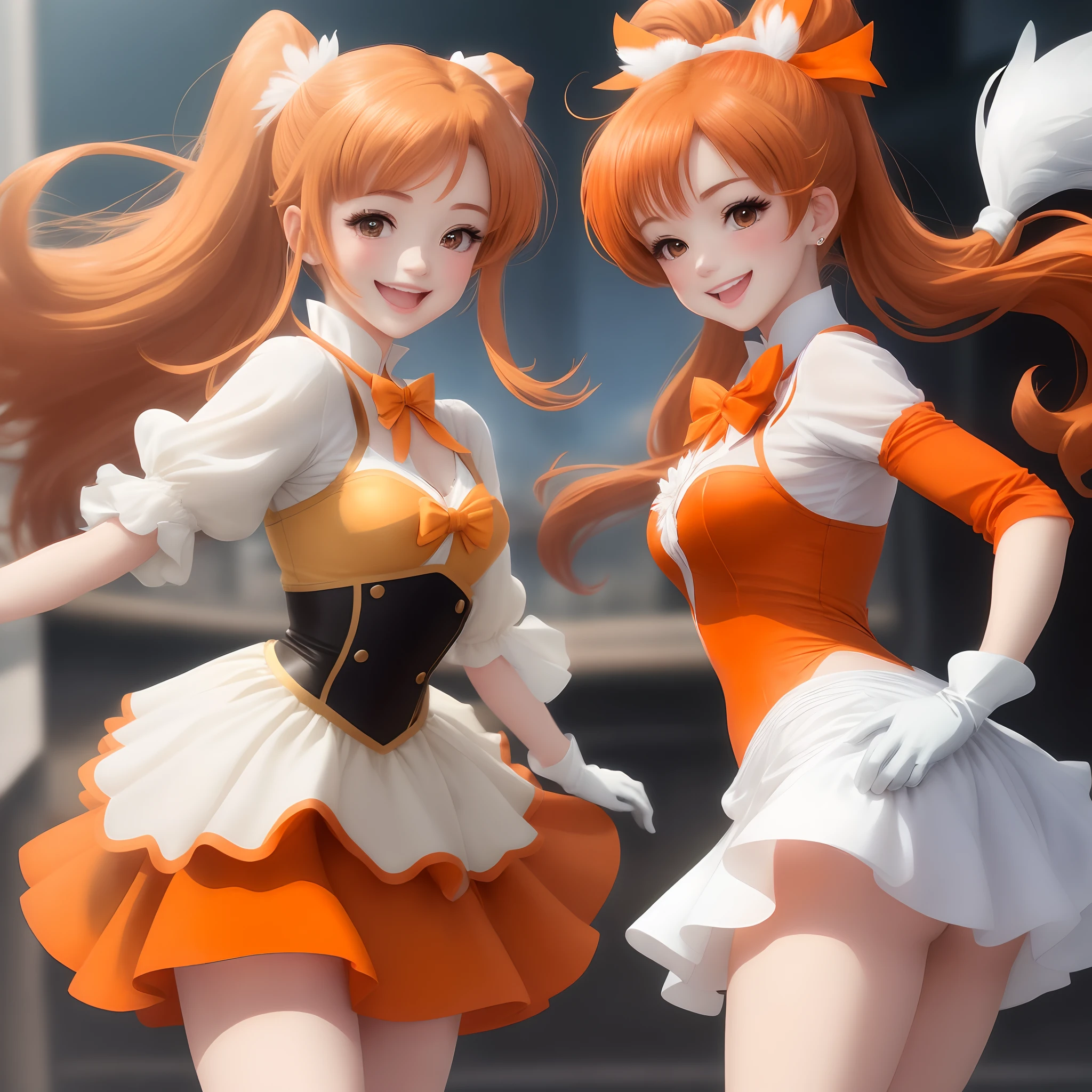 Orange “pretty cure “charecter, pretty, in a “pretty cure” anime style wearing an outfit like the orange pretty cure anime protagonists wearing two long orange flowy ponytails, hair color orange. Very pretty face, excited and eager looking. Wearing not a lot of makeup. Orange poofy upper sleeve that goes into a long white one, wearing white gloves with a feather like pattern on the edge. A gold bracket around the glove. Wearing a flowy bottom that’s flowy on the sides but not on the front, with a white shirt skirt wearing long white thigh high socks, with an orange bow on the chest of the orange dress. She looks very happy and excited