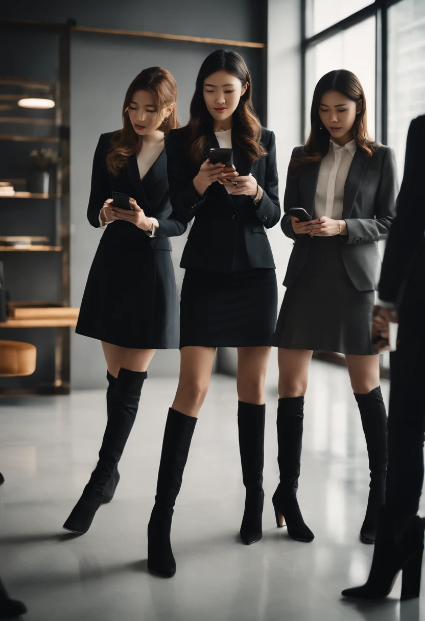 A group of young Japanese women wearing business suits, black leather gloves, and knee-high boots are standing face to face. They are holding smartphones and discussing something. The scene is set in a modern office, with a sleek and sophisticated atmosphere. The women have a significant height difference, with one being noticeably taller than the other. The image is of the best quality, with ultra-detailed realism and vivid colors. The lighting is perfectly balanced, creating a professional and polished look.