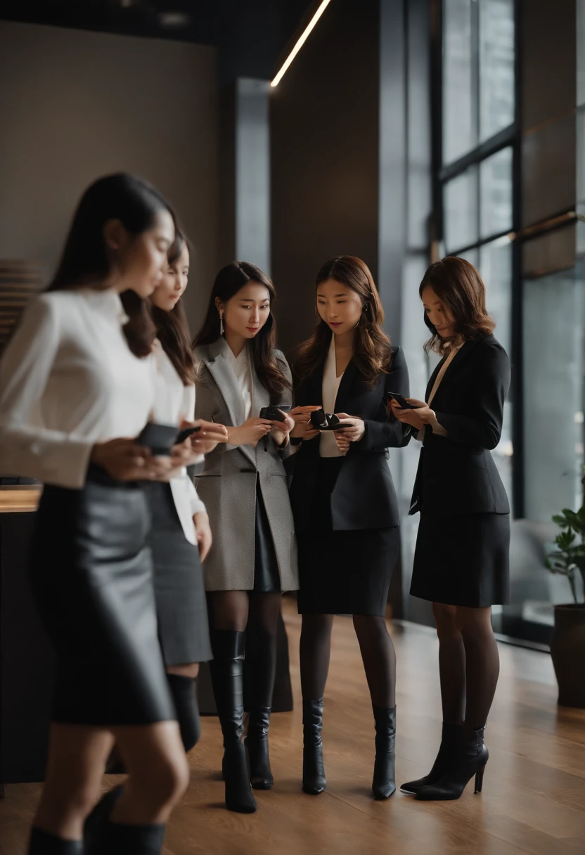 A group of young Japanese women wearing business suits, black leather gloves, and knee-high boots are standing face to face. They are holding smartphones and discussing something. The scene is set in a modern office, with a sleek and sophisticated atmosphere. The women have a significant height difference, with one being noticeably taller than the other. The image is of the best quality, with ultra-detailed realism and vivid colors. The lighting is perfectly balanced, creating a professional and polished look.