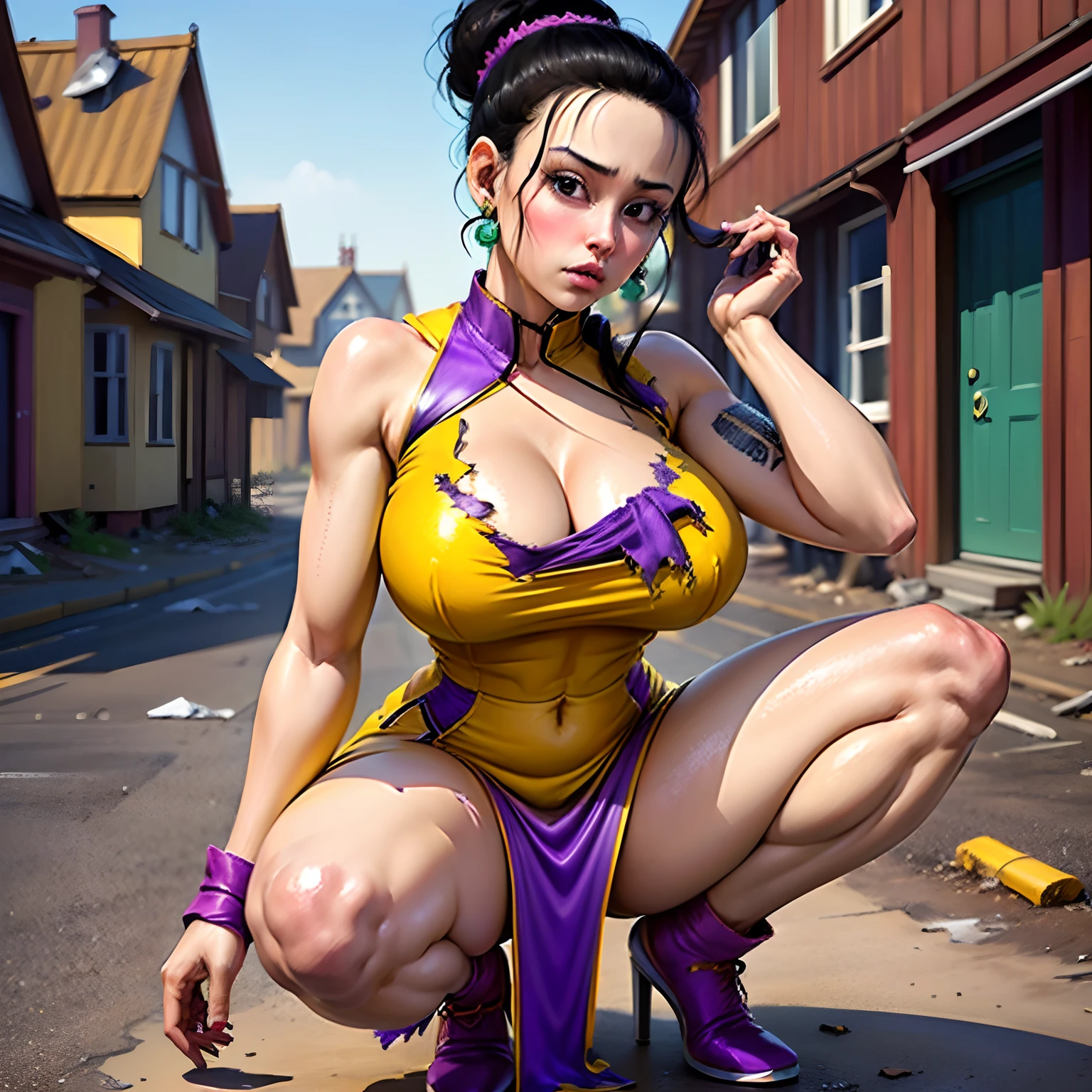 (16 K, Raw photo, Best Quality, masutepiece:1.2), (Realistic, Photorealsitic:1.37),((1girl in)), (chichi_nffsw, yellow_China_Dress, Purple_neckerchief, Torn dress:1.5), Portrait, Professional Lighting, Photon mapping, Physically-based rendering, Lens 135mm, (abandoned houses:1.1, squatting and opening legs:1.3), Detailed face, Detailed skin, Beautiful lips, (Perfect slim body style:1.1, Full body shot:1.1, gigantic cleavage breasts:1.5, Exposed shaved armpits:1.15), badhandsv5-neg, (Realistic, Photorealsitic:1.2), High detailed skin, Puffy eyes, Black hair, updo hair,