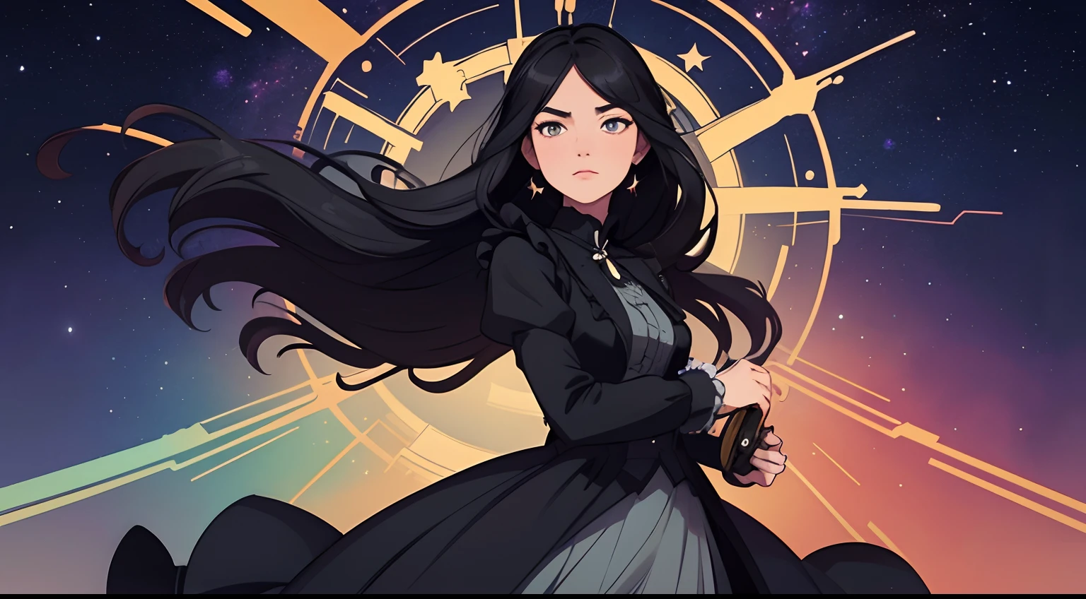 beautiful and asethetic, masterpiece, movie poster, best quality, drawing of a of a long black haired woman with a high collared black long sleeved victorian dress dramatic pose in front of a steam train, celestial, stars, bright colors, abstract, by james jean style, fantastical elements