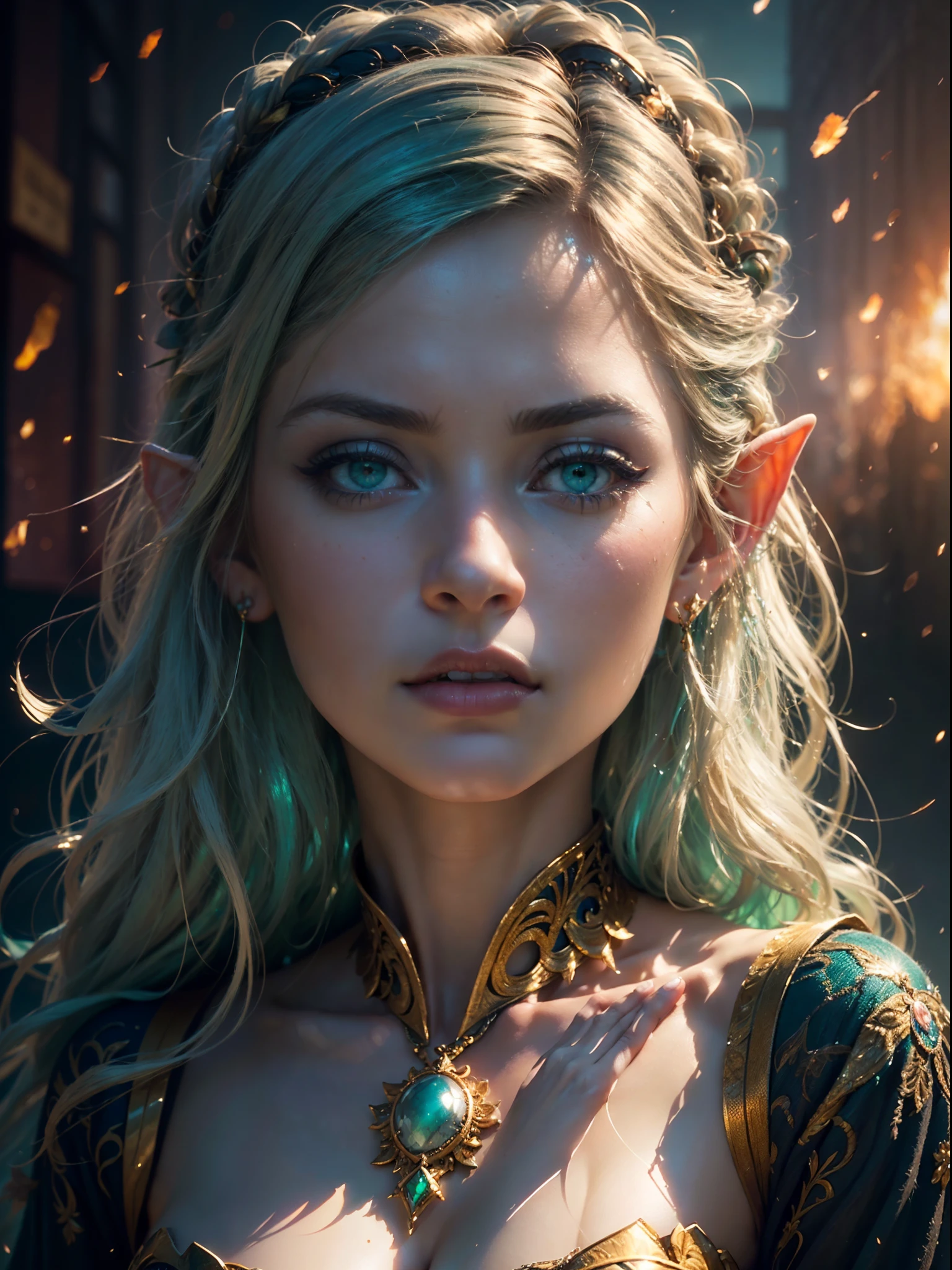 A stunning editorial portrait of an elf Queen wearing elaborate bejewelled headdress, (( long flowing green hair flying, bright pale blue eyes)), beautiful pale makeup, color portrait, striking blue eyes, pastel blue eyes, cleavage, large breasts, gold dust spread across the skin and face, (dark, hyper-realistic photos (((HDR+)))), 8k, soft cinematic light, Adobe Lightroom, Photolab, HDR, intricate, elegant, highly detailed, sharp focus, ((((((cinematic appearance)))), soft tones, insane details, intricate details, hyperdetailed, low contrast, soft cinematic light, faint colors, exposure mix, faded, slate atmosphere.