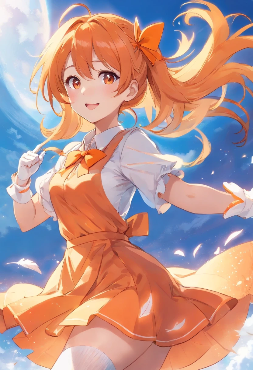 masterpiece, best quality, movie still, 1girl, cloud girl, floating in the sky, close-up, bright, happy, warm soft lighting, sunset, (sparks:0.7) Orange “pretty cure “charecter, pretty, in a “pretty cure” anime style wearing an outfit like the orange pretty cure anime protagonists wearing two long orange flowy ponytails, hair color orange. Very pretty face, excited and eager looking. Wearing not a lot of makeup. Orange poofy upper sleeve that goes into a long white one, wearing white gloves with a feather like pattern on the edge. A gold bracket around the glove. Wearing a flowy bottom that’s flowy on the sides but not on the front, with a white shirt skirt wearing long white thigh high socks, with an orange bow on the chest of the orange dress. She looks very happy and excited