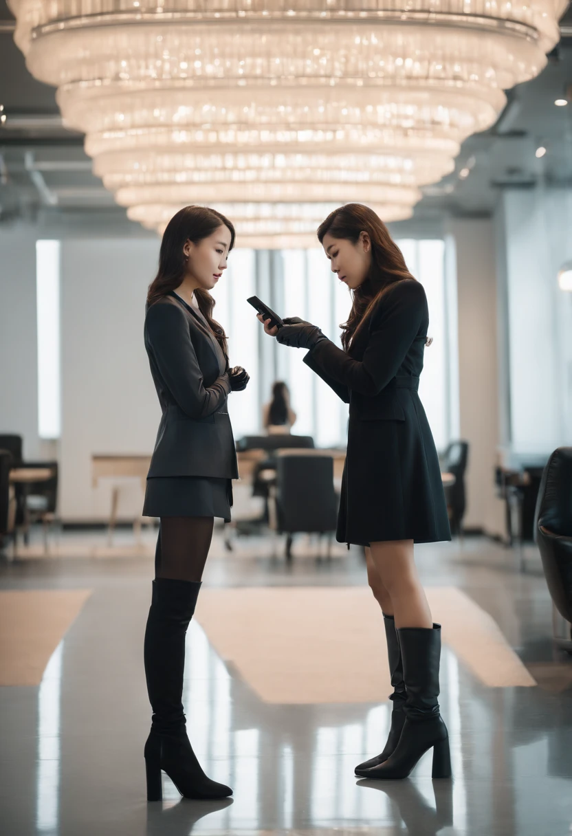 Two young Japanese women in suits, Black leather gloves, Stand face to face with knee-high boots. They were holding their smartphones and discussing something. The setting is set in a modern office, It has a stylish and sophisticated atmosphere. Women have a significant height difference, One is significantly taller than the other. The image quality is the best, It has ultra-delicate realism and vivid colors. The lighting is perfectly balanced, Create a professional and sophisticated look.