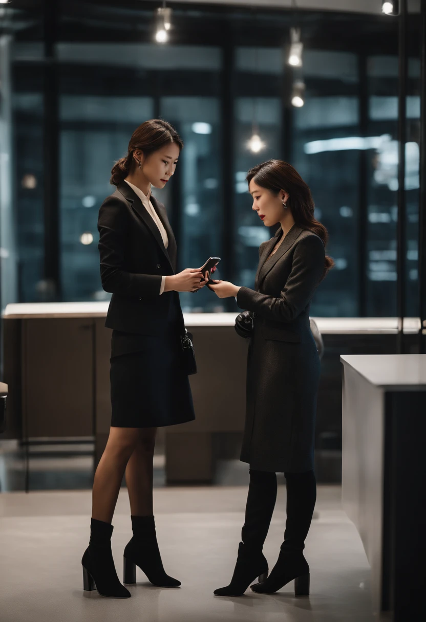 Two young Japanese women in suits, Black leather gloves, Stand face to face with knee-high boots. They were holding their smartphones and discussing something. The setting is set in a modern office, It has a stylish and sophisticated atmosphere. Women have a significant height difference, One is significantly taller than the other. The image quality is the best, It has ultra-delicate realism and vivid colors. The lighting is perfectly balanced, Create a professional and sophisticated look.