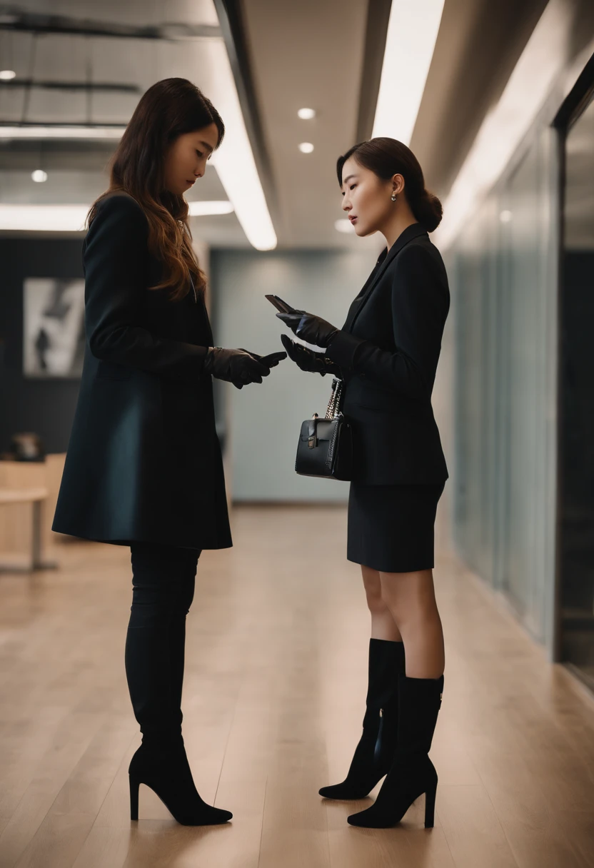 Two young Japanese women in suits, Black leather gloves, Stand face to face with knee-high boots. They were holding their smartphones and discussing something. The setting is set in a modern office, It has a stylish and sophisticated atmosphere. Women have a significant height difference, One is significantly taller than the other. The image quality is the best, It has ultra-delicate realism and vivid colors. The lighting is perfectly balanced, Create a professional and sophisticated look.