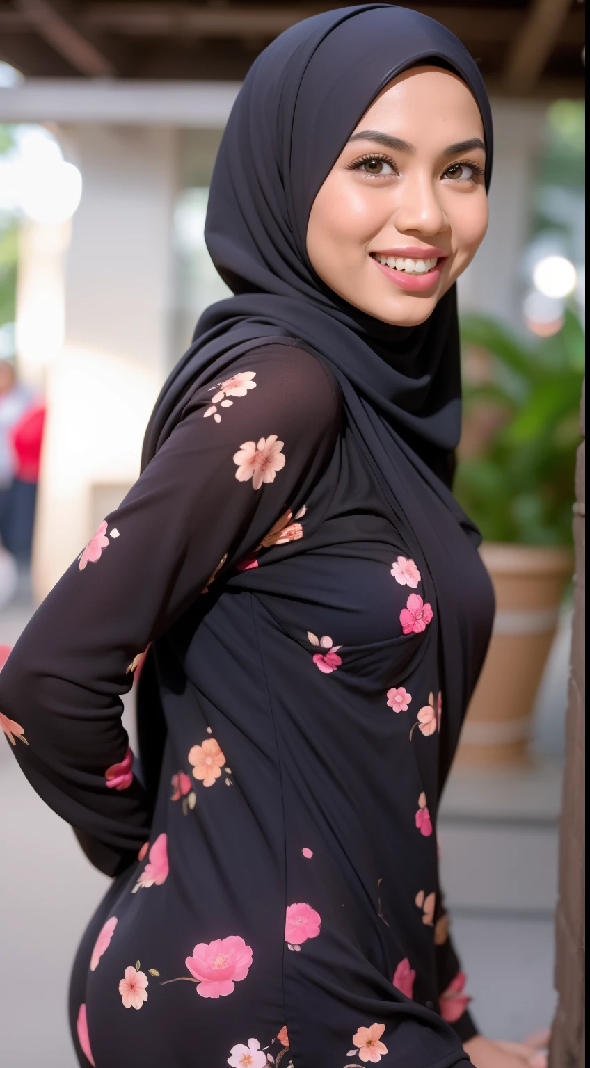 Malay girl in hijab wear small floral black baju kurung malaysia in college, wear back pack, front view, detail skin, detail skin texture, mole below eyes, small breast, big hip, big waist, big thigh, slim abs, beautiful body, nighttime, laughing, happy, bright lighting, college student in background, crowded college, blur background, bokeh,