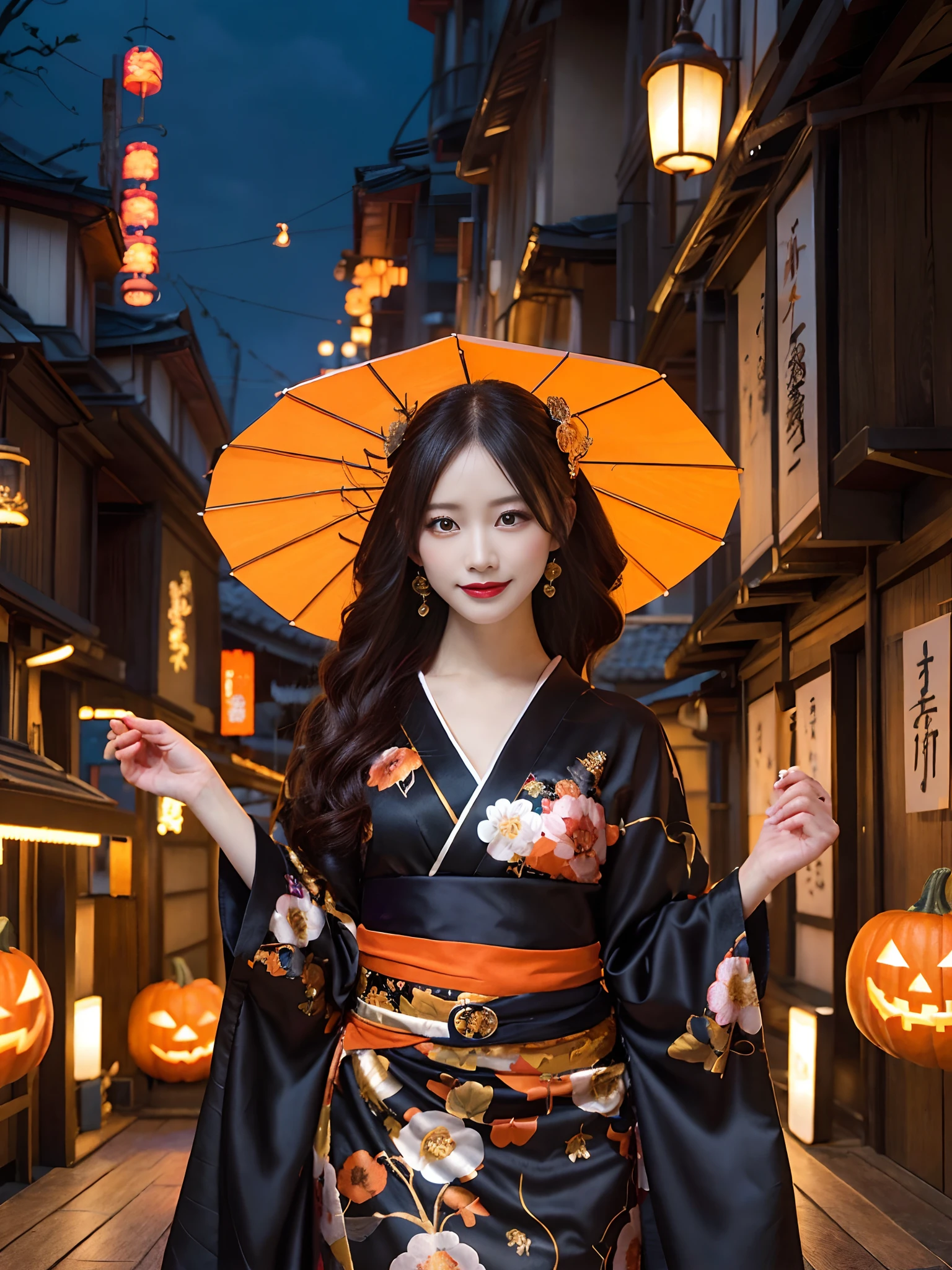 In a futuristic scene, Geisha in Japan with mechanical reinforcement、Elegant in elaborate gardens. She has beautifully detailed eyes and lips that complement her face. Geishas wear traditional kimonos with intricate patterns and designs. Night city and Halloween decorations around her. The scene is painted with a blend of illustration and photorealism, Ultra-detailed brush strokes and clarity, Vivid colors. Lighting emphasizes the elegant features of the geisha, Gives her porcelain skin a soft glow. Artwork is of the highest quality, 4K or 8K resolution, Showcase the intricate details of geisha attire, nightcity、Halloween. The overall color scheme is、It is a combination of traditional shades of Japan, Crimson, etc., blacks, and subtle gold accents, With a futuristic twist. The fusion of ancient traditions and modern technology is、Create captivating and visually striking masterpieces.Halloween、Halloween、pumpkins、Background Halloween、mischievous look、Evil face、Dubious smile