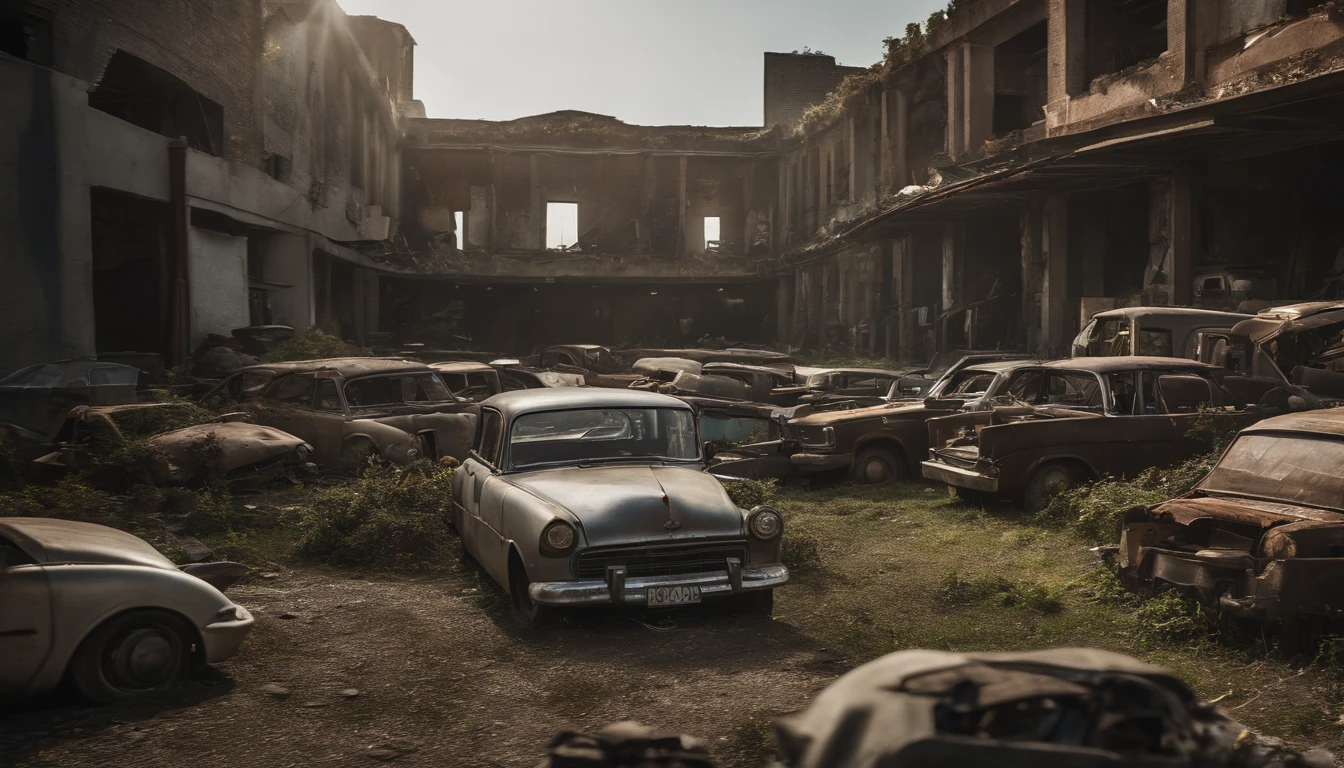 (best quality, HDR, ultra-detailed, realistic:1.37), post-apocalyptic, 3D abandoned city, destroyed buildings, plane crashed, car graveyard, abandoned cars, vegetation next to buildings, abandoned vehicles strewn and stacked