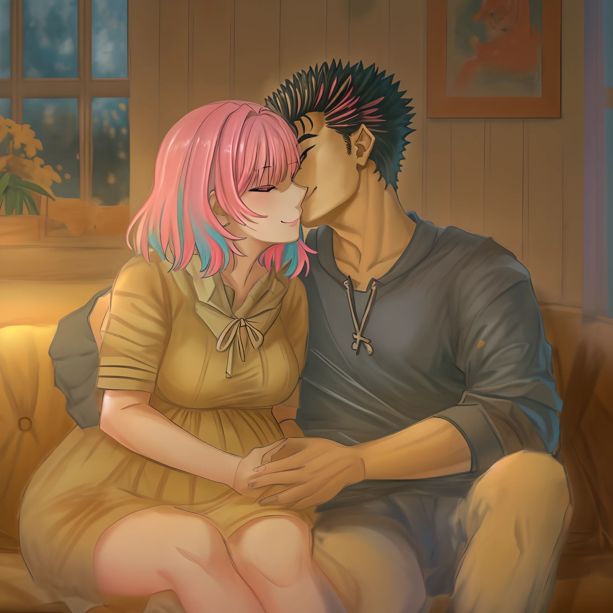 riamu,guts,couple,husband and wife,love dovey couple,sitting,hug,kiss,smile,masterpiece:1.2,ultra-detailed,realistic:1.37,portraits,vivid colors,warm tones,soft lighting