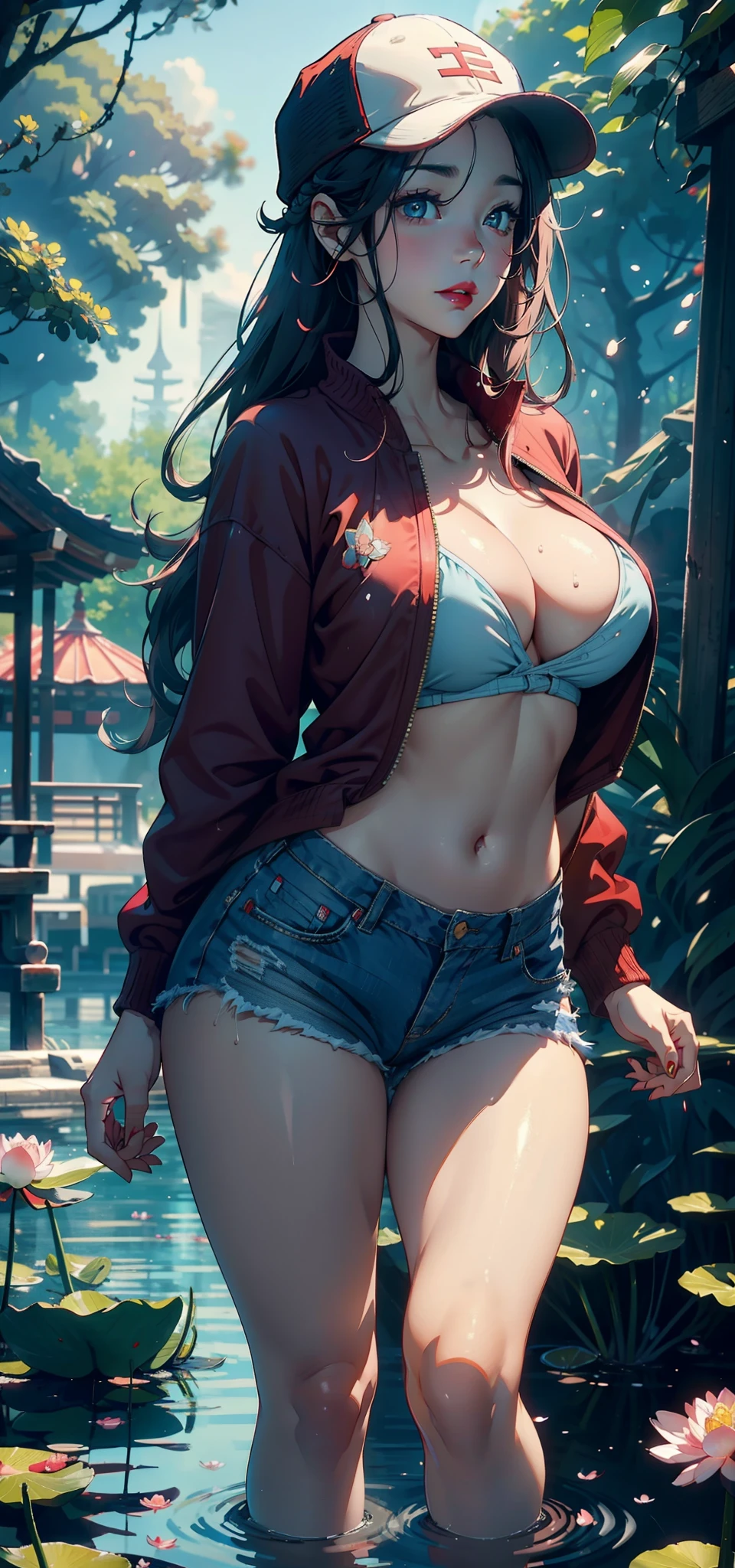 1female，35yo，plumw，extremely large bosom， 独奏，（Background with：ponds，Cherry blossom forest，lotus flower）Lie underwater， She has long pink hair，standing on your feet，seen from the front，， mostly cloudy sky，（（（tmasterpiece），（Very detailed CG unity 8K wallpaper），best qualtiy，cinmatic lighting，detailed back ground，beatiful detailed eyes，Bright pupils，Black eyes，Snow-whiteskin，Redlip（Very fine and beautiful），（Beautiful and detailed eye description），ultra - detailed，tmasterpiece，））facing at camera，A high resolution，ultra - detailed），revealing breasts，Bare genitalia，  Bulge，legs are open，Raised sexy，Camel toes，Flushed complexion，Desire for dissatisfaction，frontage，ssmile（Wearing：baseball cap，Red baseball jacket，Sexy denim shorts）