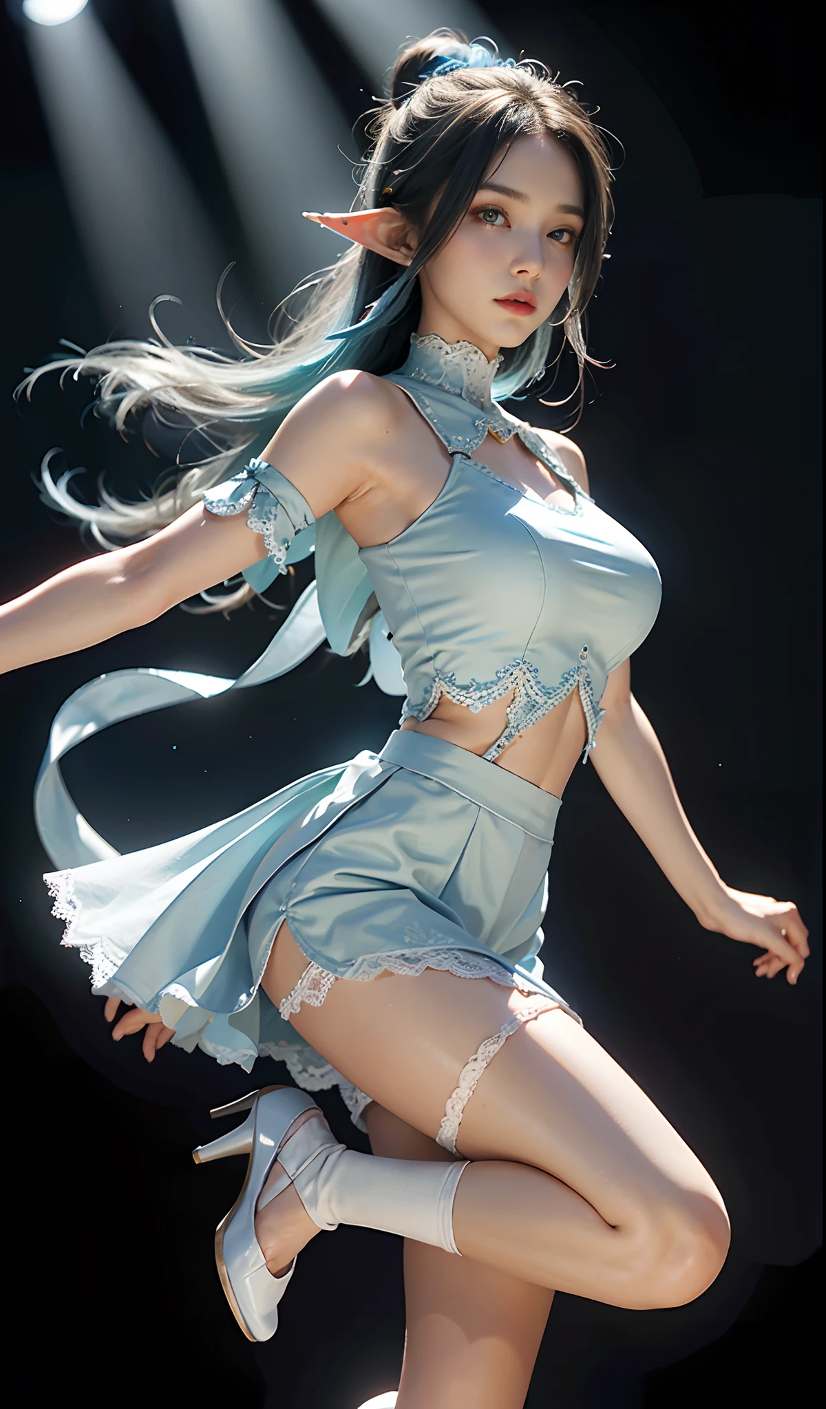 (Extremely normal body:2.0)Japan Highway:1 Elf beauty,White crop top top,(Elf long ears),Light blue ultra-short hair,A bun,Blue-lace-trimmed maxi dress),Long blue dress,The skirt that reaches the feet,White short stockings,Mary Jane low heels,two longer legs,Normal feet , very detailed eyes and faces, Sharp pupils, realistic pupil, tack sharp focus, cinmatic lighting,full bodyesbian,Bigboobs,long leges,From the front side,dynamicposes,Normal posture,closeup of face