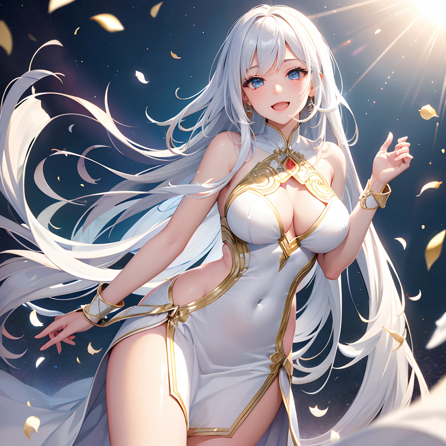 finest image, sexy beautiful woman, laugh, happy, shy, amorous expression, lewd expression, ecstasy, orgasm, white glossy short wavy iridescent hair, blue sparkling big eyes, great proportion, pure white long dress with gold embroidery, background meadow on the hill, clear skies, sun and sunlight, rain and raindrops, petals, scatter white red gold and silver glitter and confetti, professional lighting