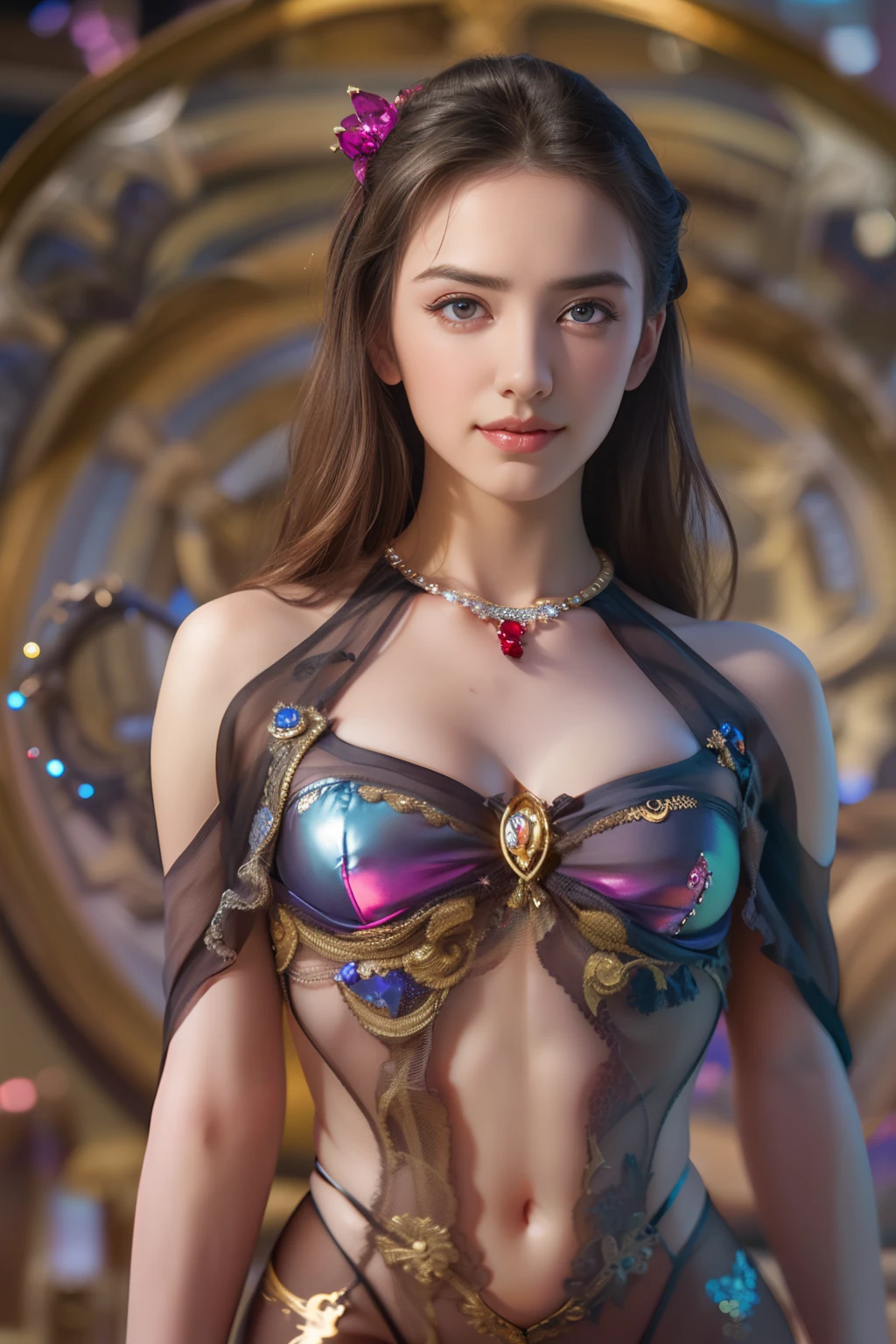 (Detailed iridescent bodysuit with beautiful fractal or marble design:1.5), (Beautiful and d delicate ruby, topaz, emerald and sapphire jewelry:1.6), Complex and colorful biomechanical bodysuit, Zentangle, mandalas, Entangled, Vulgarity, beutiful breast, (Open legs:1.4), obscenity, (Lewd smile:1.2), coarse, Obscene, mean, (raunchy:1.2), (Immoral:1.2), Lachish, (small breasts with raised areolas,:1.6), (Cameltoe), (Expression of ecstasy:1.2), Photorealistic, Official art, Unity 8k wallpapr, 8K Portrait, Best Quality, Very high resolution, (Incredibly beautiful nature background:1.6), One girl, One beautiful teenage italian girl, (:1.3), (Sexy and glamorous:1.1), (A coquettish expression:1.6), (seductively smiling:1.2), (Full body), (erotic posing:1.5), (Magic Attack Pose:1.6),(magical effects like sparkles or energy:1.5), (Electric shock from hands:1.1), Beautiful seductive face, Portrait, (Thick eyebrows:1.2), (Big purple eyes:1.2), Beautiful eyes with fine symmetry, (Ultra detailed eyes:1.4), (High resolution eyes:1.1), Intimate face, (ultra detailed skin texture:1.4), White skin, pale skin, Perfect Anatomy, Thin, (Beautiful toned body:1.1), Hair Bow, (Moist skin:1.1), full of sweat, No makeup, dark circles, Good anatomy, Focus Face, good-looking, (Emilia Clark:0.6) (Emma watson:0.3),(Jennifer Connelly:0.4), (sensual face:1.5), Elegant face, Nice, Dolce, Cyberpunk Sci-Fi, (Gauntlets with intricate and beautiful designs:1.2), Blurred background, Blurred foreground, depth of fields, (Motion Blur:1.1), (Small breasts:1.2), Sheer breast, (beautiful boob:1.2), (NSFW:1.2), large hips, drivel, Juice stain, grabbing on breasts, (Slim and toned body:1.5), (Low-cut punk medieval armor:1.2), (Bright chrome gold lingerie with sharp reflections:1.2) (Pedras preciosas:1.2)