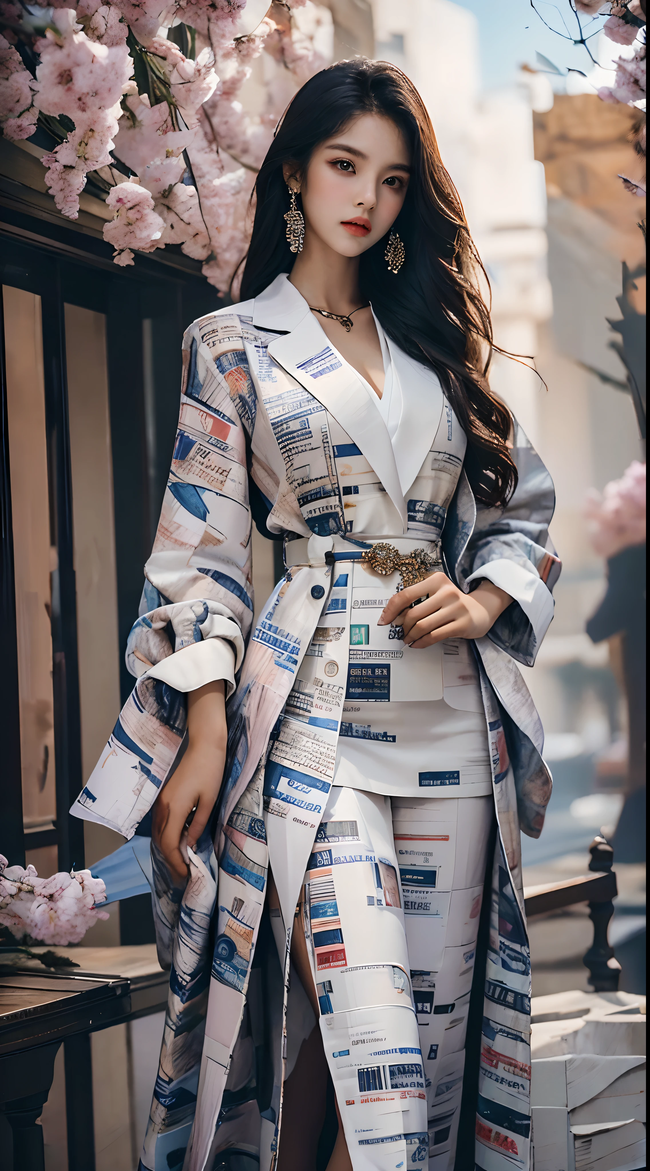 (masterpiece), best quality, expressive eyes, perfect face, (8k, best quality, masterpiece:1.2),(best quality:1.4), (ultra highres:1.2), body full shot, solo, Beautiful girl, 19 years old , Cool expression, sexy lips, Wear fancy clothes, newspaper background