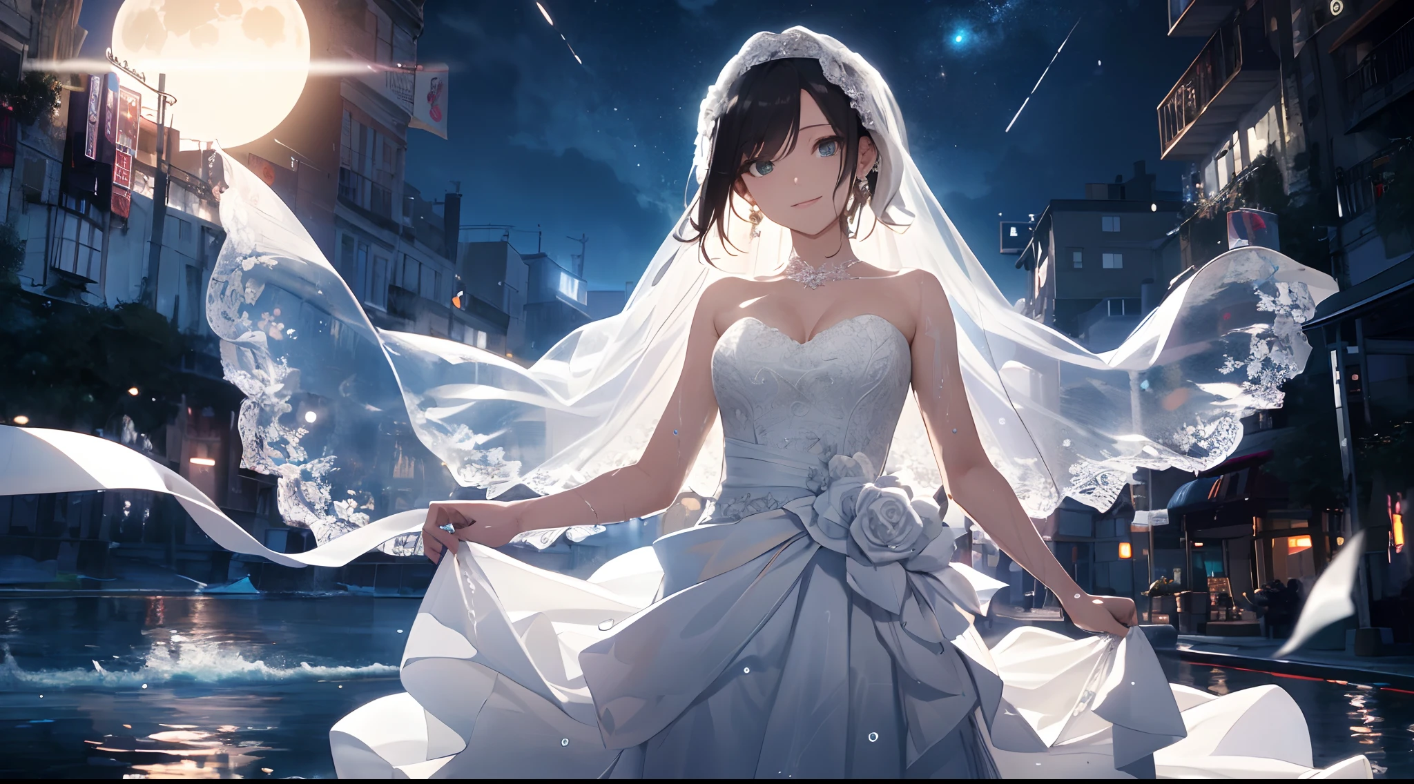POV,(Best Quality: 1.5), (Ultra Detail: 1.5), (Best Quality Photo: 1.5), ocean as far as the eye can see, horizon, pitch black sea, full moon night, rainbow, midnight, scenic, beautiful landscape, galaxy, nebula, full of stars, particles of light, very delicate and beautiful, very detailed, bioluminescence, cinematic light, mysterious, cinematic angle, 8k resolution, elegant, perfect, smooth, beautiful girl staring into the distance, very cute, smile, (delicate and beautiful eyes: 1.2), (girl: 1.5),(beautiful detailed pure white very long wedding dress:1.2),(wet:1.2),(wet wedding dress:1.2),lace,ribbon,strapless,luxurious accessories, solo, perfect body, water droplets, transparency,