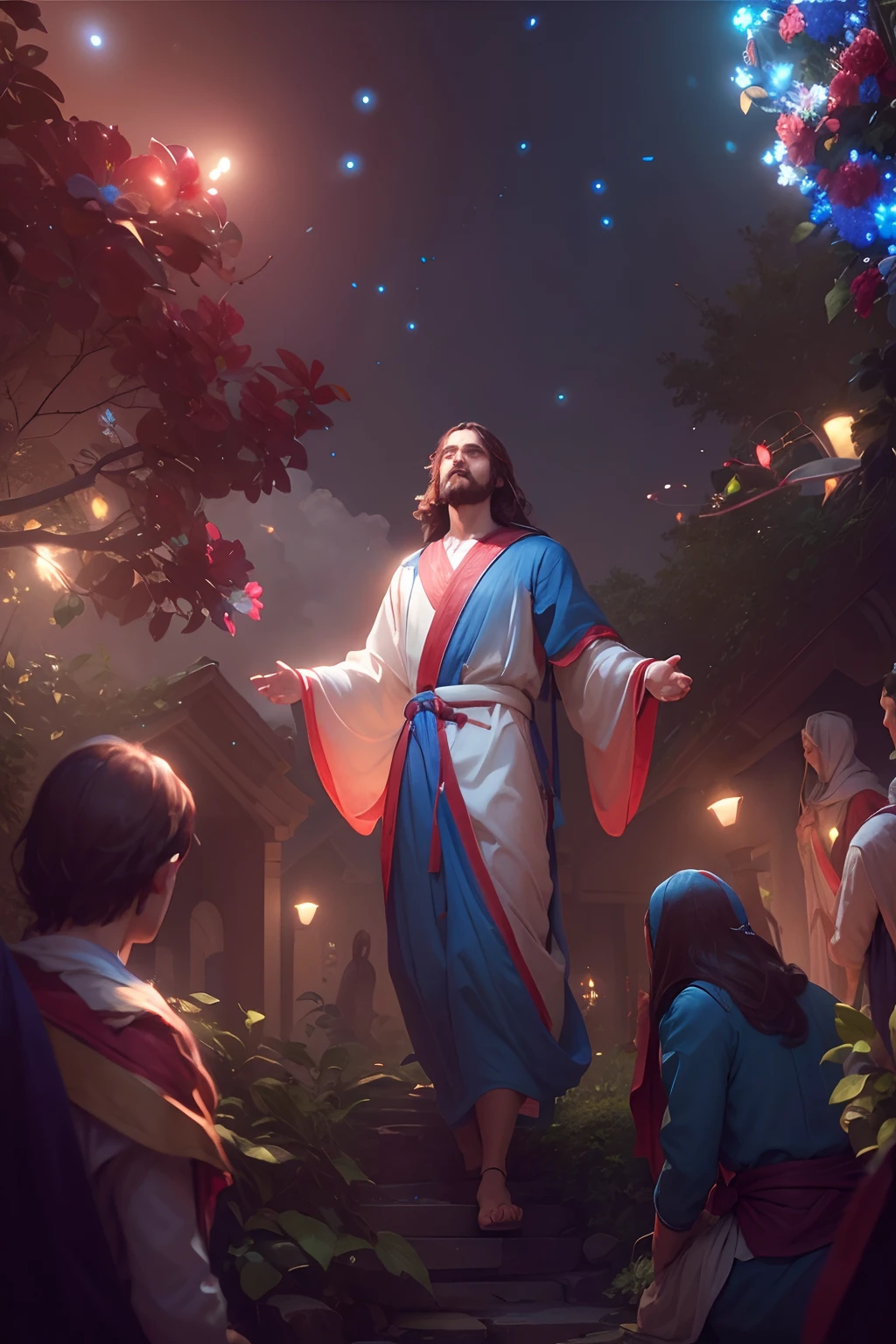 Boy Jesus Rose Flower Red Blue Blue Green Garden lighti ng Photo Background Remove 8K