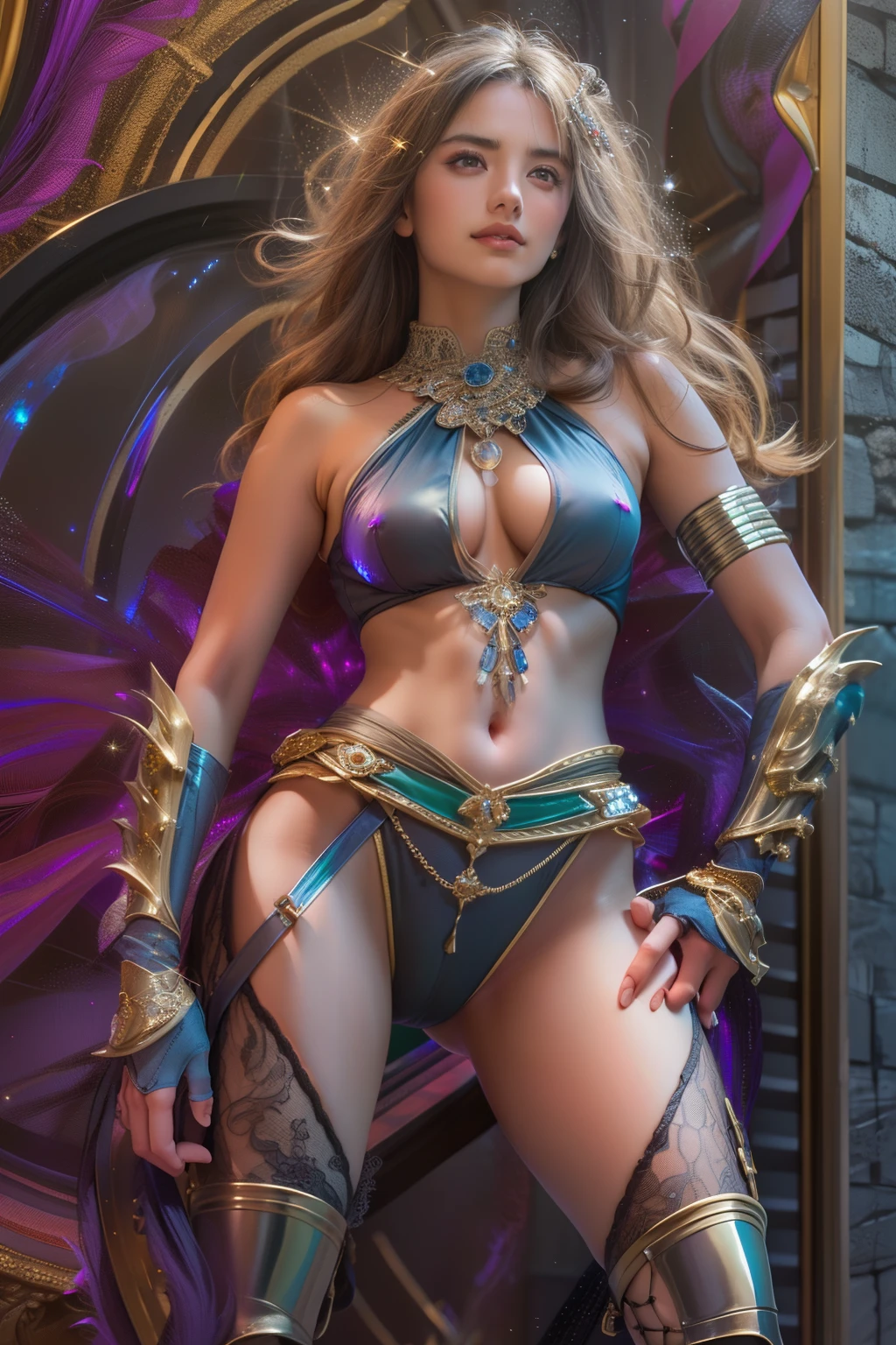 (Detailed iridescent bodysuit with beautiful fractal or marble design:1.5), (Beautiful and d delicate ruby, topaz, emerald and sapphire jewelry:1.6), Complex and colorful biomechanical bodysuit, Zentangle, mandalas, Entangled, Vulgarity, beutiful breast, (Open legs:1.4), obscenity, (Lewd smile:1.2), coarse, Obscene, mean, (raunchy:1.2), (Immoral:1.2), Lachish, (small breasts with raised areolas,:1.6), (Cameltoe), (Expression of ecstasy:1.2), Photorealistic, Official art, Unity 8k wallpapr, 8K Portrait, Best Quality, Very high resolution, (Incredibly beautiful nature background:1.6), One girl, One beautiful teenage italian girl, (:1.3), (Sexy and glamorous:1.1), (A coquettish expression:1.6), (seductively smiling:1.2), (Full body), (erotic posing:1.5), (Magic Attack Pose:1.6),(magical effects like sparkles or energy:1.5), (Electric shock from hands:1.1), Beautiful seductive face, Portrait, (Thick eyebrows:1.2), (Big purple eyes:1.2), Beautiful eyes with fine symmetry, (Ultra detailed eyes:1.4), (High resolution eyes:1.1), Intimate face, (ultra detailed skin texture:1.4), White skin, pale skin, Perfect Anatomy, Thin, (Beautiful toned body:1.1), Hair Bow, (Moist skin:1.1), full of sweat, No makeup, dark circles, Good anatomy, Focus Face, good-looking, (Emilia Clark:0.6) (Emma watson:0.3),(Jennifer Connelly:0.4), (sensual face:1.5), Elegant face, Nice, Dolce, Cyberpunk Sci-Fi, (Gauntlets with intricate and beautiful designs:1.2), Blurred background, Blurred foreground, depth of fields, (Motion Blur:1.1), (Small breasts:1.2), Sheer breast, (beautiful boob:1.2), (NSFW:1.2), large hips, drivel, Juice stain, grabbing on breasts, (Slim and toned body:1.5), (Low-cut punk medieval armor:1.2), (Bright chrome gold lingerie with sharp reflections:1.2) (Pedras preciosas:1.2)