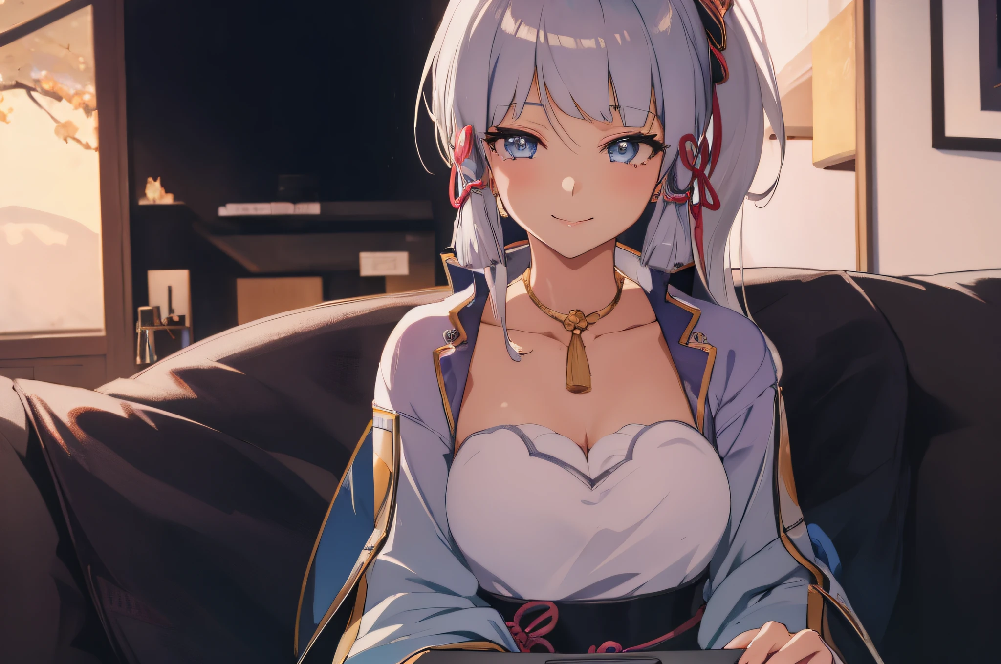 (masterpiece, best quality, detailed),1girl,kamisatoayakadef,(silver hair) ,  sitting on a couch in a room, seductive anime girl, attractive anime girl, anime best girl, pretty anime girl, anime moe artstyle, beautiful anime girl, (anime girl), 4k anime wallpaper, an anime girl, cute anime girl,eye details,teasing smile, clean detailed anime art,high resolution, (perfect hands, perfect anatomy),