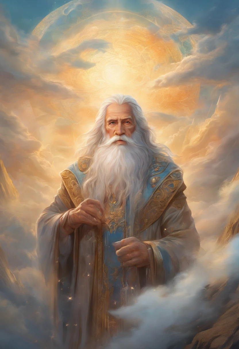 A painting prompt for a elderly face surrounded by clouds: Monthue Old Man, divine beings, fantasy artwork, intricately carved, transformed into a masterpiece, created by Hans at high resolution, made of mist, (best quality, 4k, 8k, highres, masterpiece:1.2), ultra-detailed, (realistic, photorealistic, photo-realistic:1.37), Hans's creation, fantasy artwork, intricately carved, made of mist.