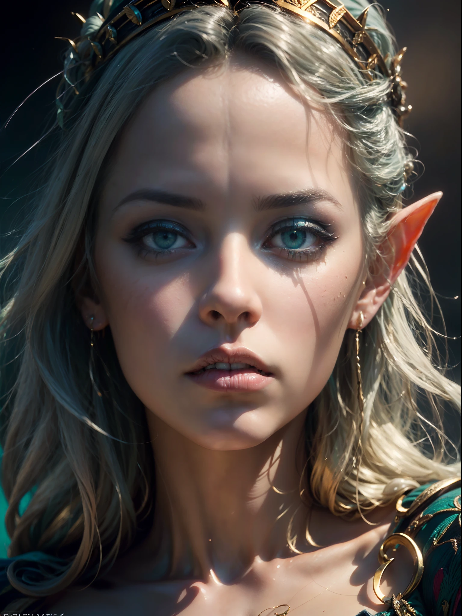 A stunning  editorial portrait of an elf Queen wearing  elaborate bejewelled headdress, (( long flowing green hair flying, bright pale blue eyes)), beautiful pale makeup, color portrait, striking blue eyes, pastel blue eyes, cleavage, large breasts, gold dust spread across the skin and face, (dark, hyper-realistic photos (((HDR+)))), 8k, soft cinematic light, Adobe Lightroom, Photolab, HDR, intricate, elegant, highly detailed, sharp focus, ((((((cinematic appearance)))), soft tones, insane details, intricate details, hyperdetailed, low contrast, soft cinematic light, faint colors, exposure mix, faded, slate atmosphere.