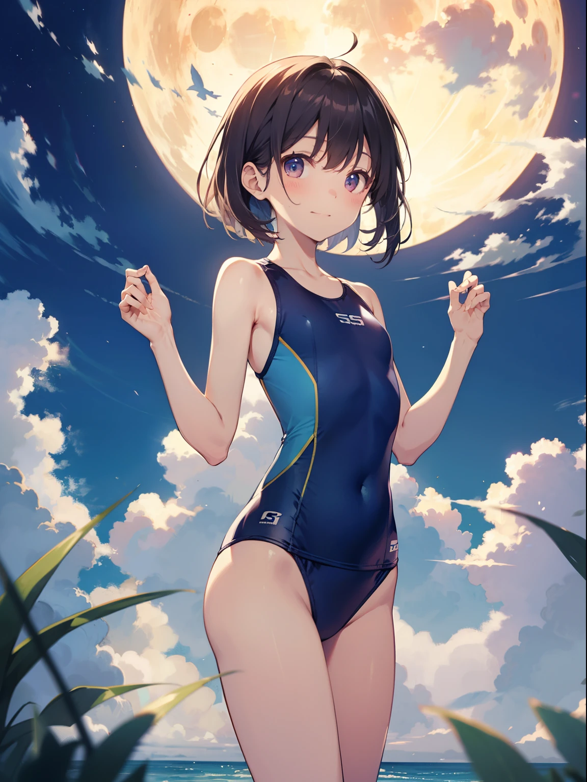 high-level image quality、top-quality、Full limbs、complete fingers、Slender beauty、1 persons、ssmile、embarassed expression、white hair、Yellow School Swimsuit、Blue knee high、standingn、Grow legs、Turn around、Moon、fullmoon