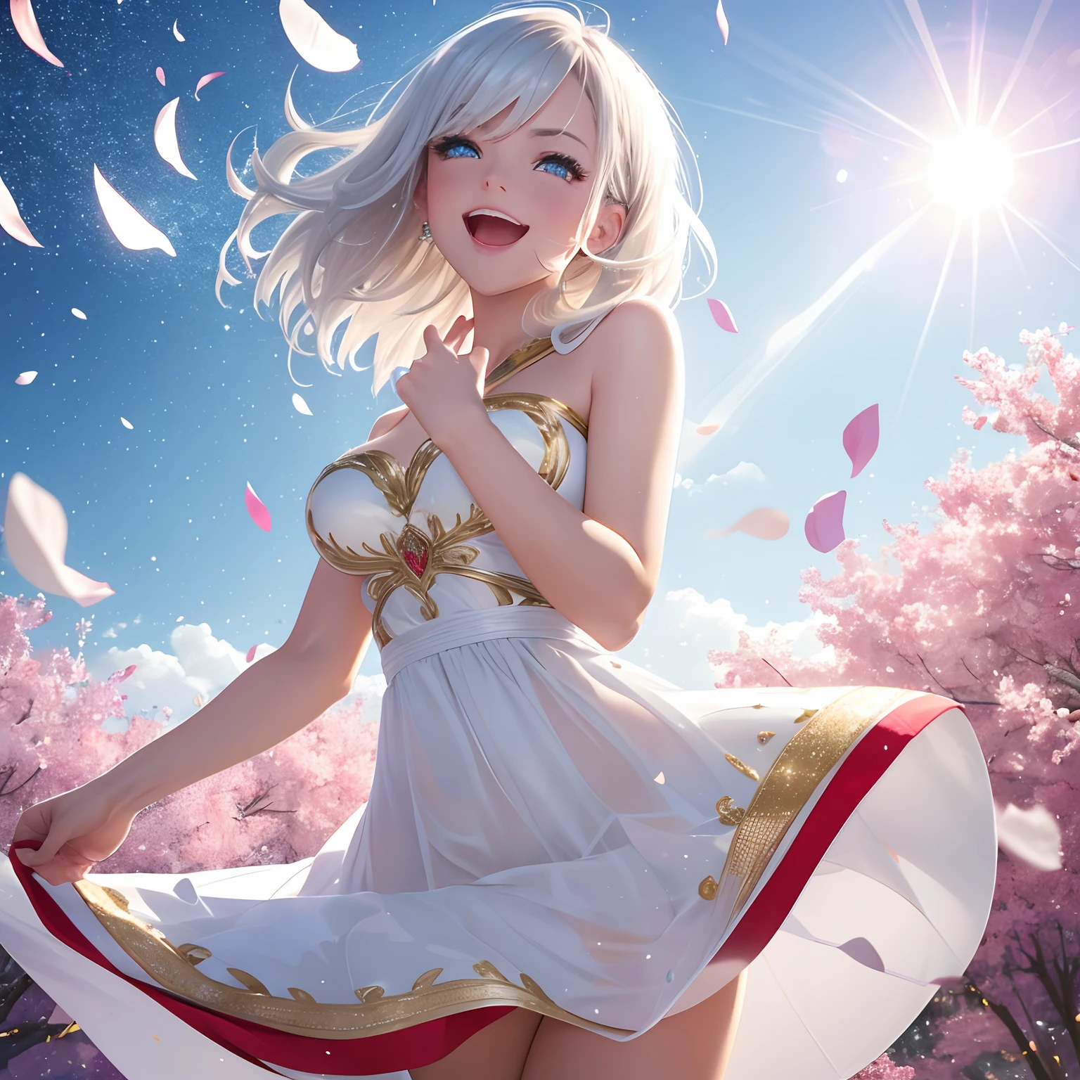 finest image, sexy beautiful woman, laugh, happy, shy, amorous expression, lewd expression, ecstasy, orgasm, white glossy wavy iridescent short hair, blue sparkling big eyes, great proportion, pure white long dress with gold embroidery, background meadow on the hill, clear skies, sun and sunlight, rain and raindrops, petals, scatter white red gold and silver glitter and confetti, professional lighting