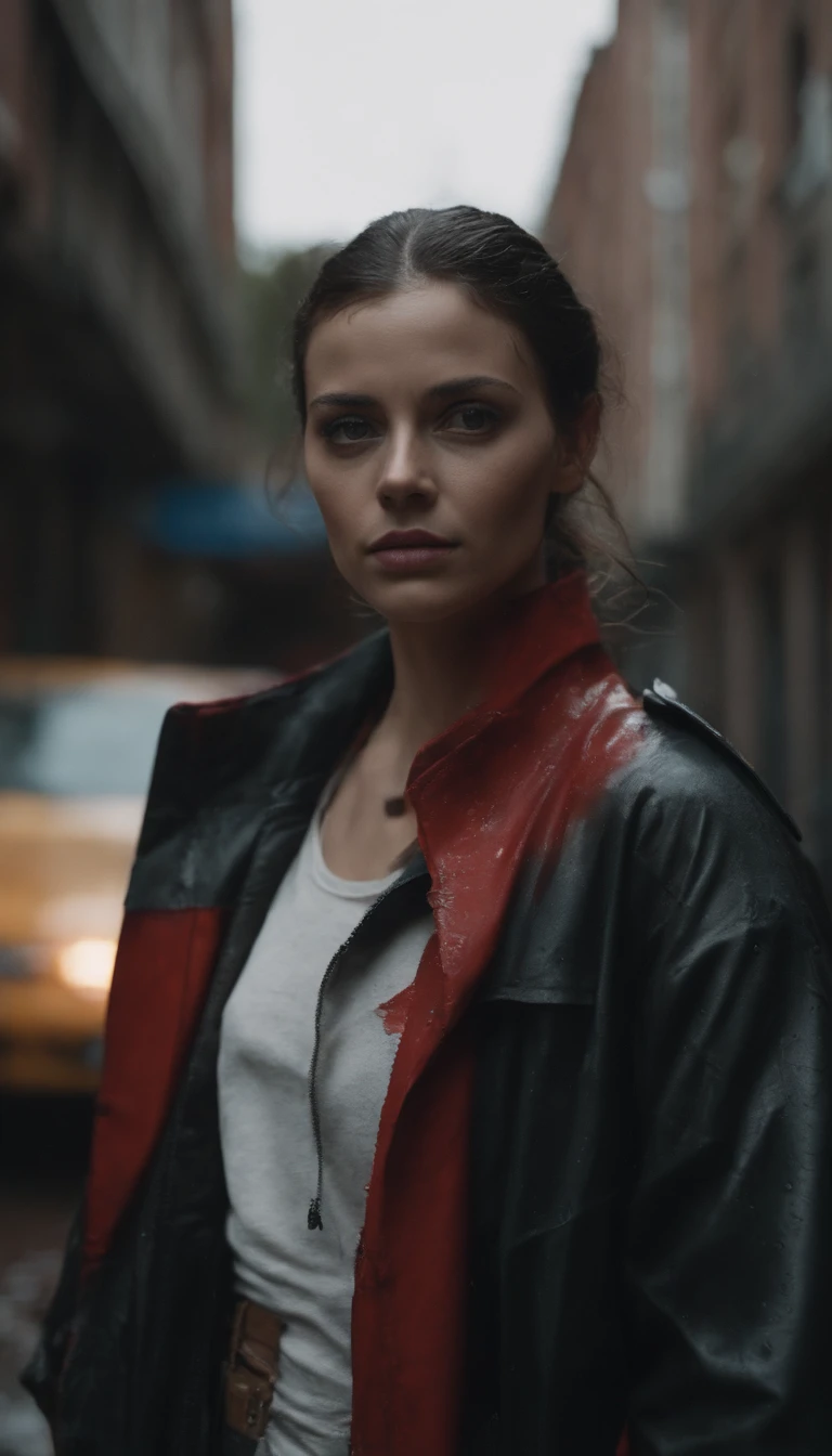 Imagen de cuerpo completo de una sexy Harley Quinn, Fotorrealismo, Hiperrealismo, cinematic Still, A striking street-style portrait of a robust post-apocalyptic survivor defying the elements. Dressed in a plastic raincoat with a worn texture, Se encuentra en un contexto de un entorno urbano desolado. La lluvia cae, creating a cinematic atmosphere as drops splash against the surface of the coat. Intricate details like patched repairs and fastened straps accentuate the character's strength and ingenuity., emphasizing the interaction of light and shadow