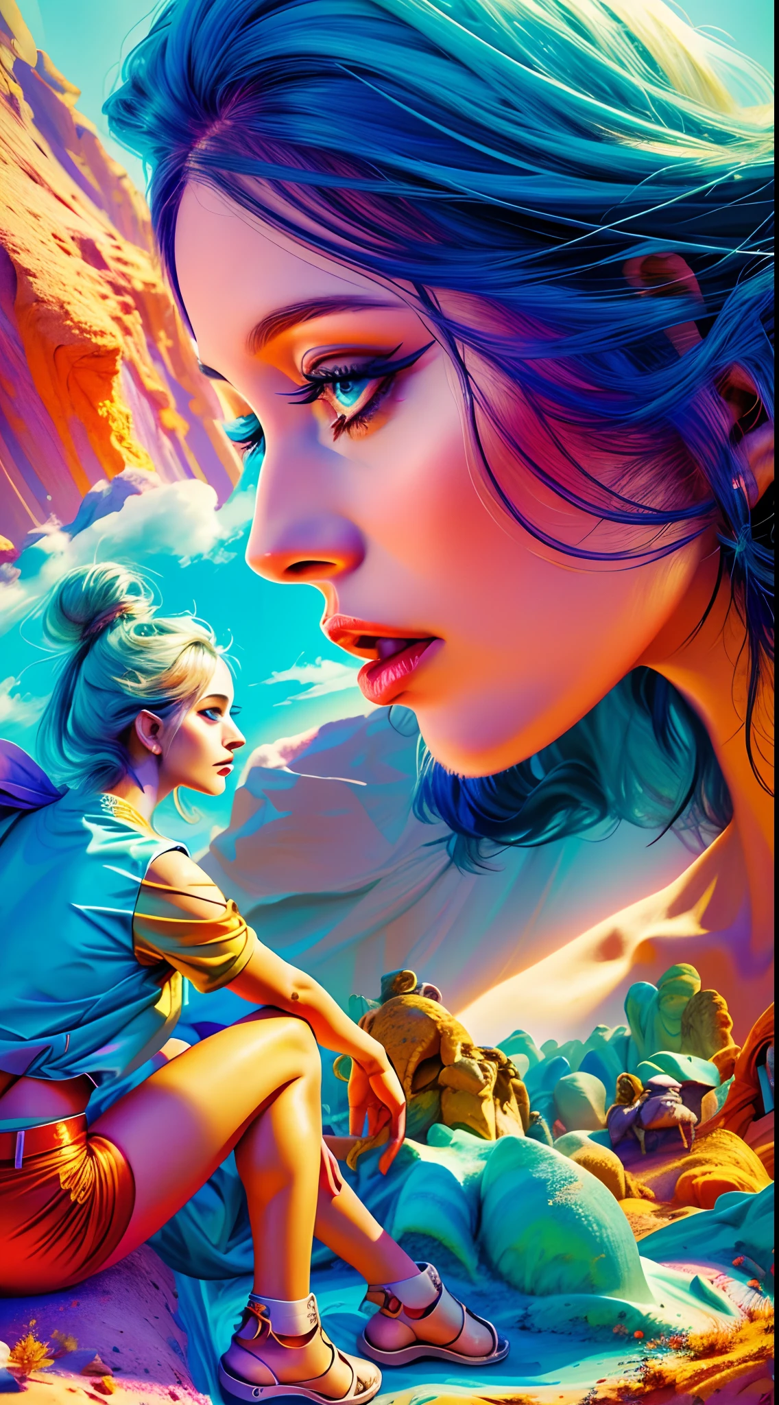 Mulher loira sentada em uma rocha com uma cena do deserto ao fundo, Inspirado em Mads Berg, imagem de arte digital, em estilo de pintura digital, arte digital impressionante, lindo arte digital, stylized digital illustration, Digital Art, arte digital!!, bela arte digital, linda arte digital linda, arte digital detalhada, in illustration style digital, digital illustation