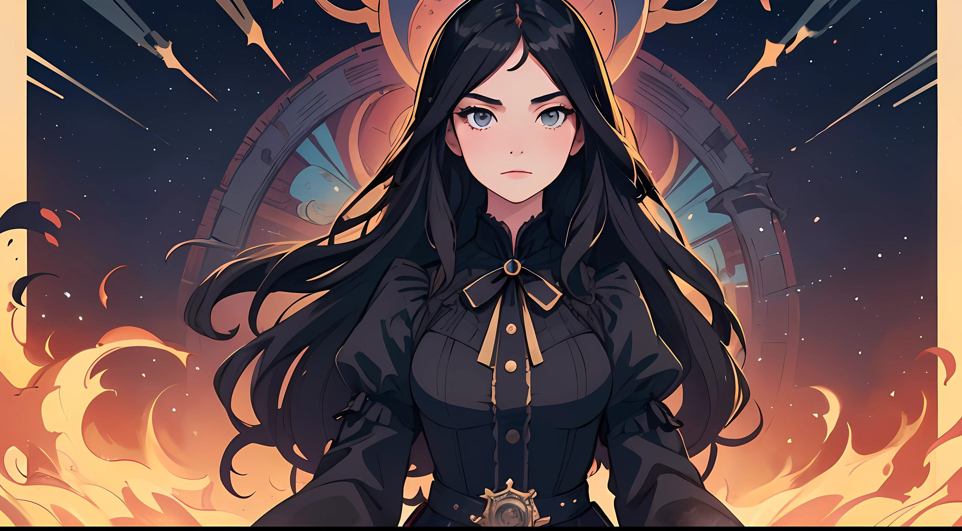 beautiful and asethetic, masterpiece, movie poster, best quality, drawing of a of a long black haired woman with a high collared black long sleeved victorian dress dramatic pose in front of a steam train, celestial, stars, bright colors, abstract, by james jean style, fantastical elements
