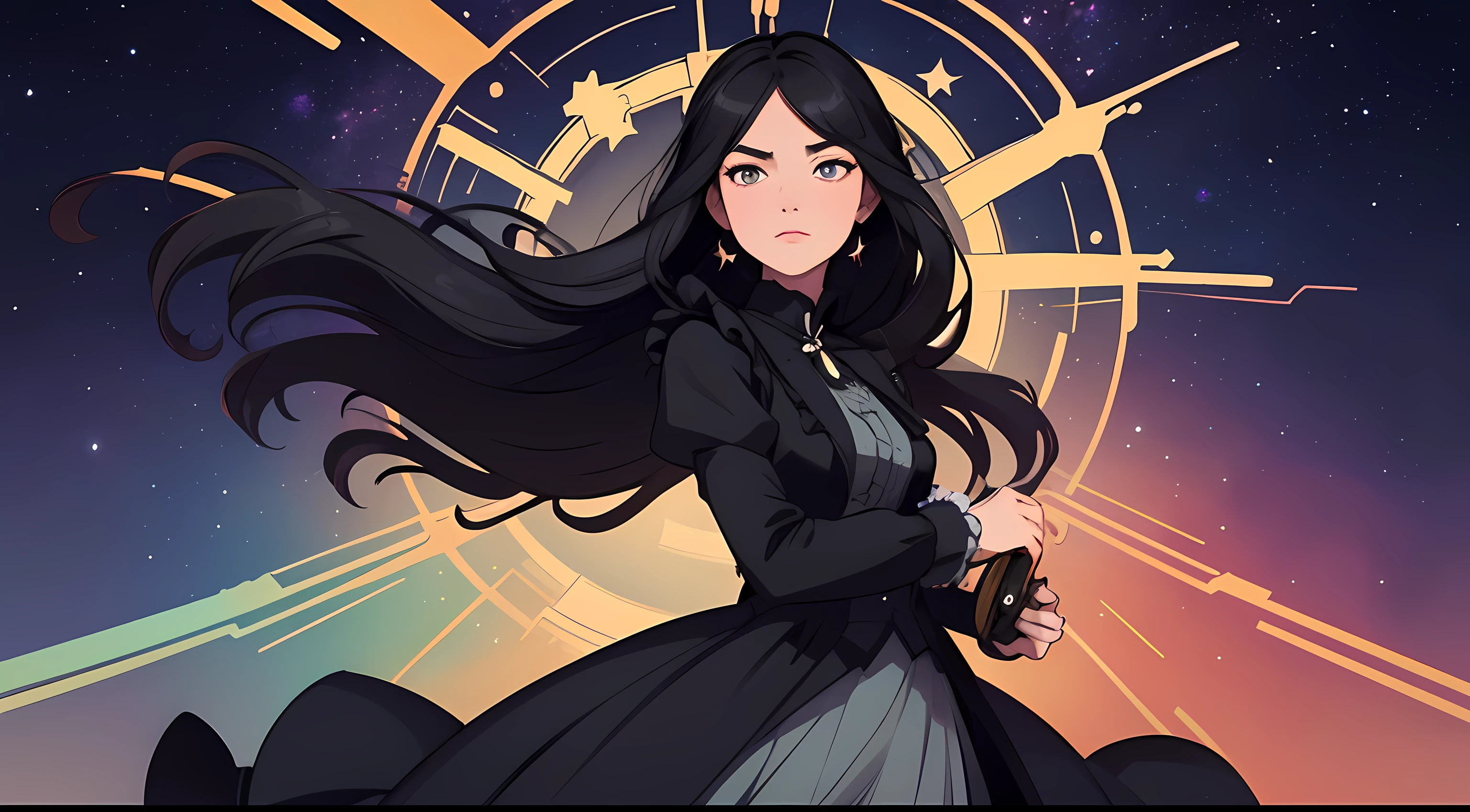 beautiful and asethetic, masterpiece, movie poster, best quality, drawing of a of a long black haired woman with a high collared black long sleeved victorian dress dramatic pose in front of a steam train, celestial, stars, bright colors, abstract, by james jean style, fantastical elements