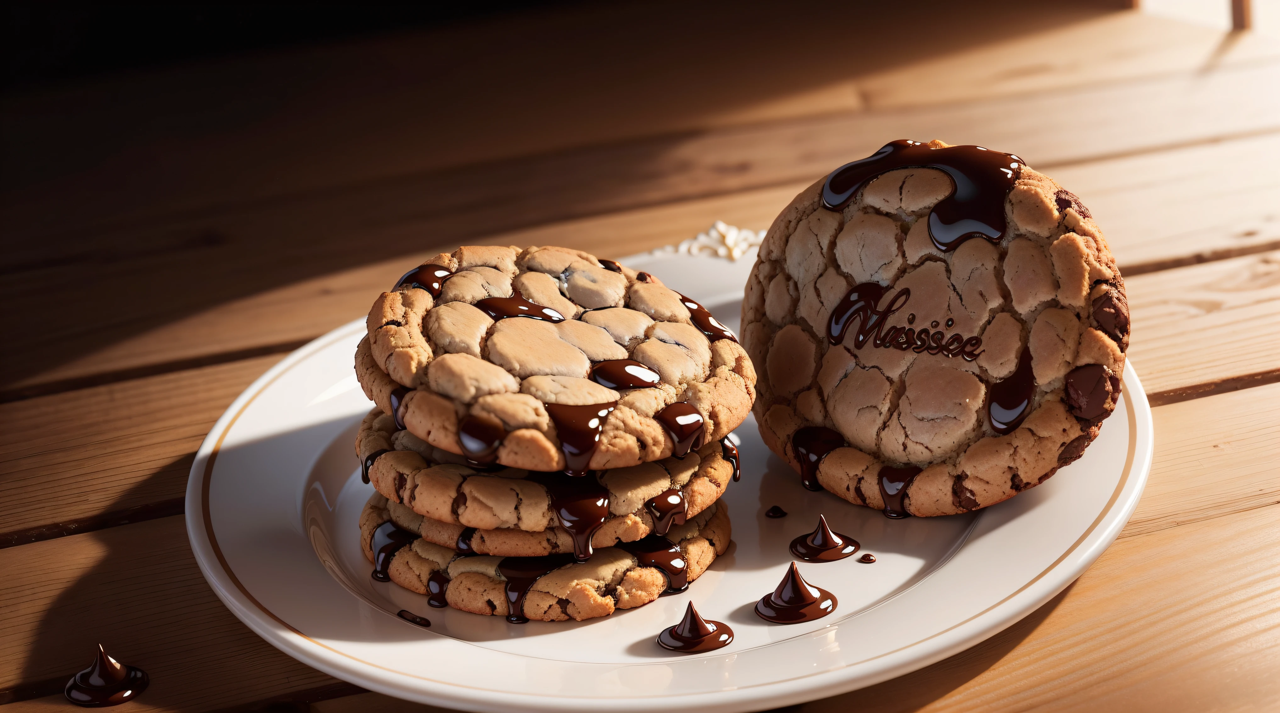 (no human), (masterpiece), (high detail), (highest resolution), (chocolate), (cookies), (delicious), (scenery), cinematic lighting, realistic, CG 8K wallpaper, UHD, Octane render, chocolate chip cookies on a pristine wooden table, exquisite textures, mouthwatering details, warm golden-brown cookies with melting chocolate chunks, soft shadows, play of light on the cookies, inviting aroma, sumptuous treat for the eyes, indulge in the visual delight.