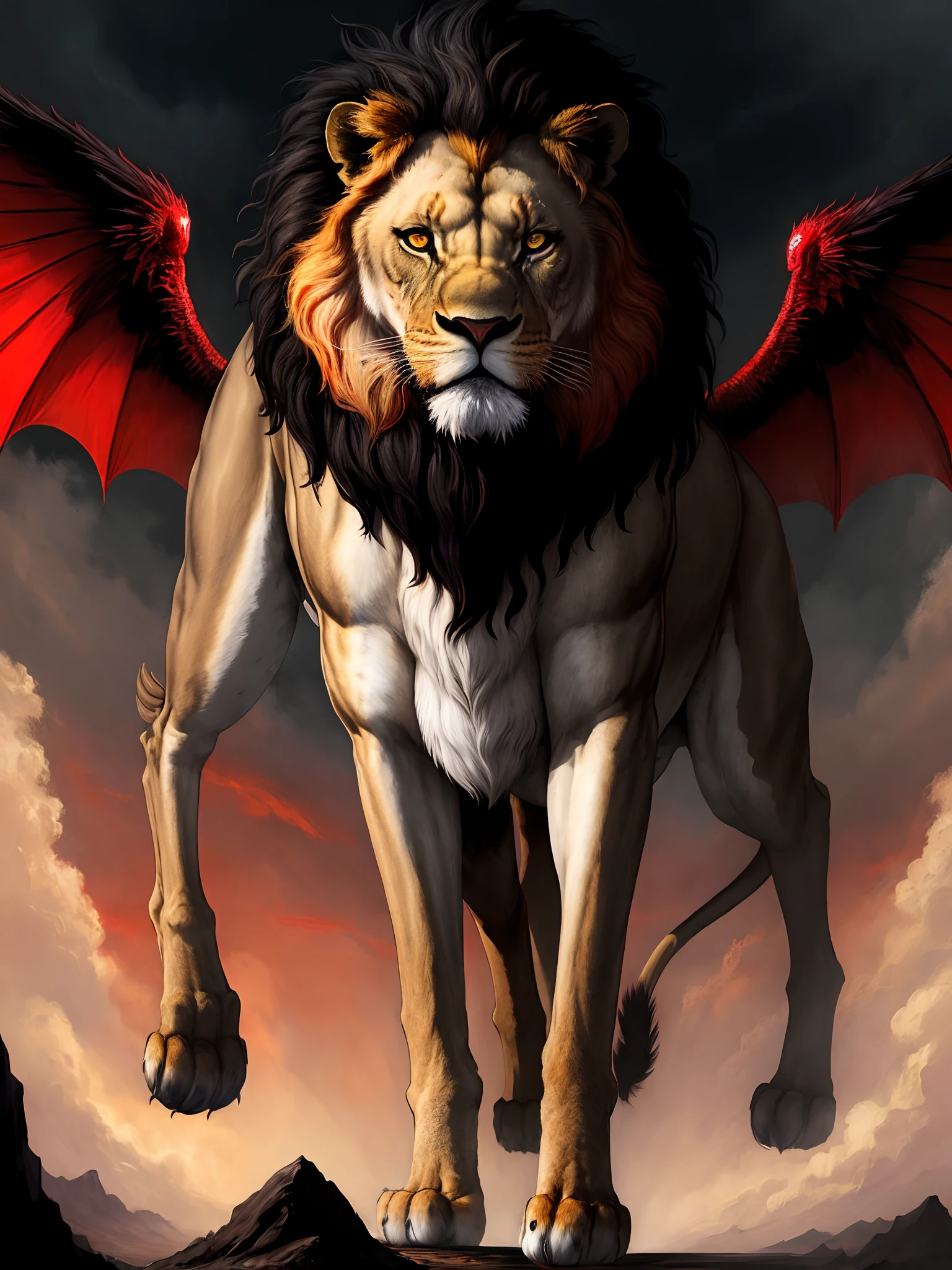 a lion, black hair, red eyes, wings, very monstrous