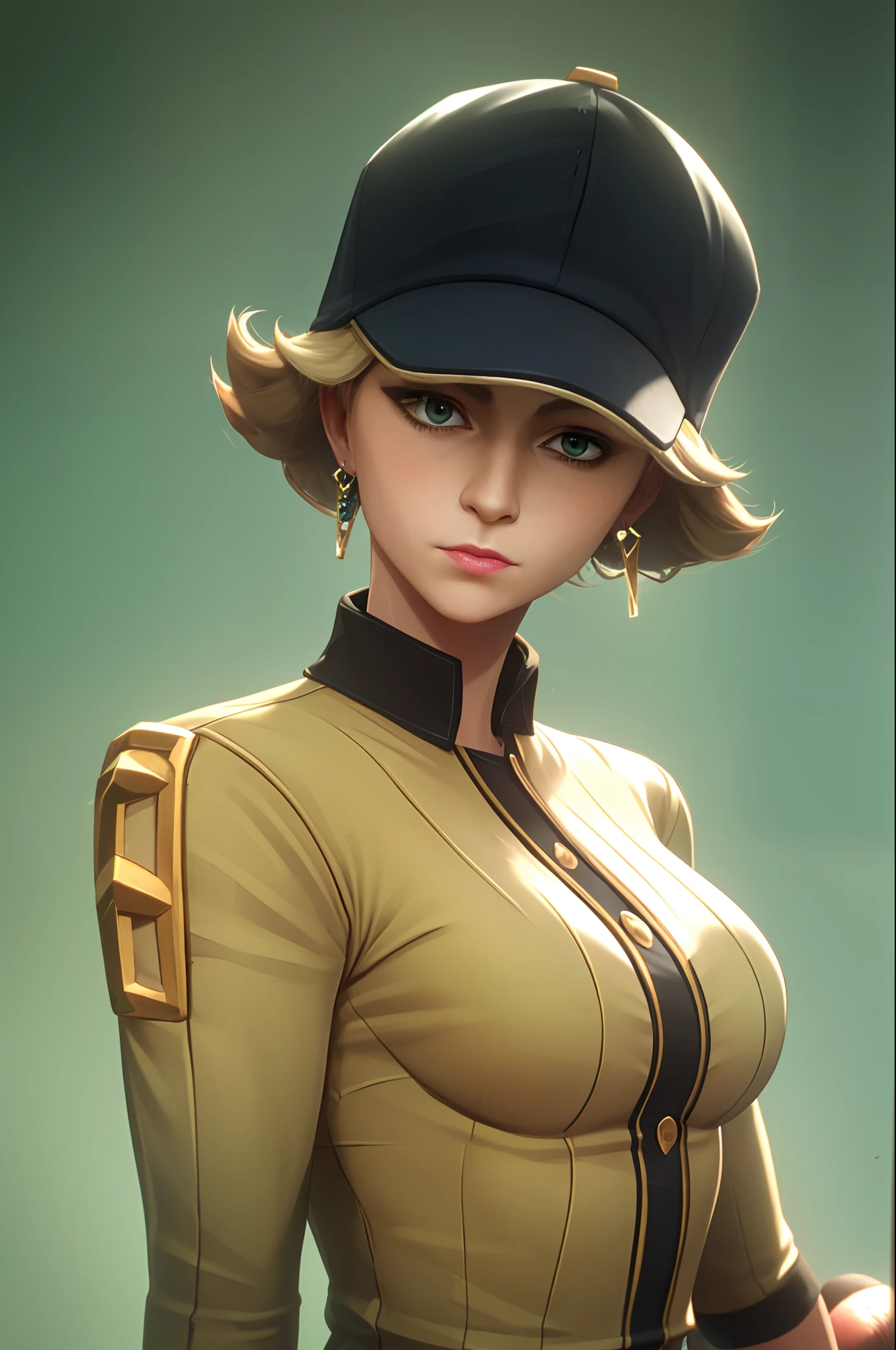 arcane style, masterpiece, best quality, 1girl, aqua eyes, baseball cap, blonde hair, closed mouth, earrings, green background, hat, hoop earrings, jewelry, looking at viewer, shirt, short hair, simple background, solo, upper body, yellow shirt, \(league of legends\),