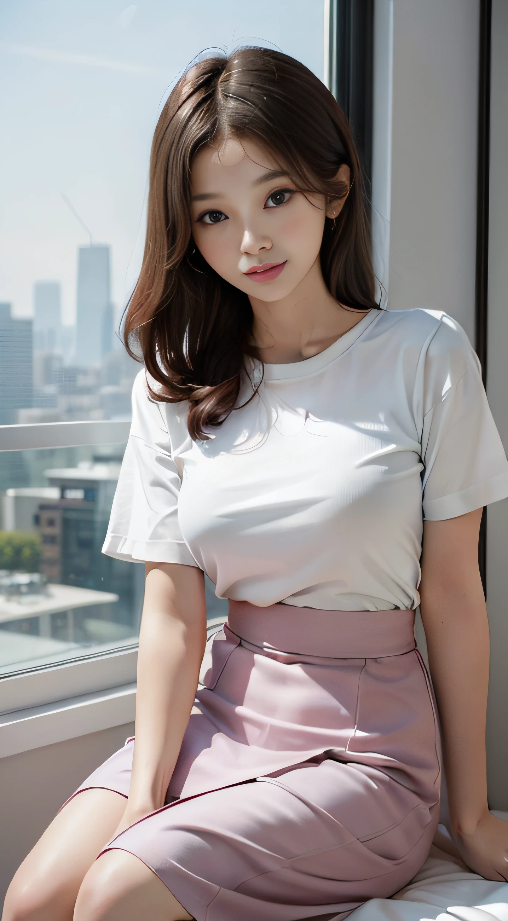 masterpiece、Top image quality:1.2、((beautiful young woman with))、Transparent skin:1.2、{A slight smil}、(kawaii)、Short sleeve knit、luxury hotel、depth of fields