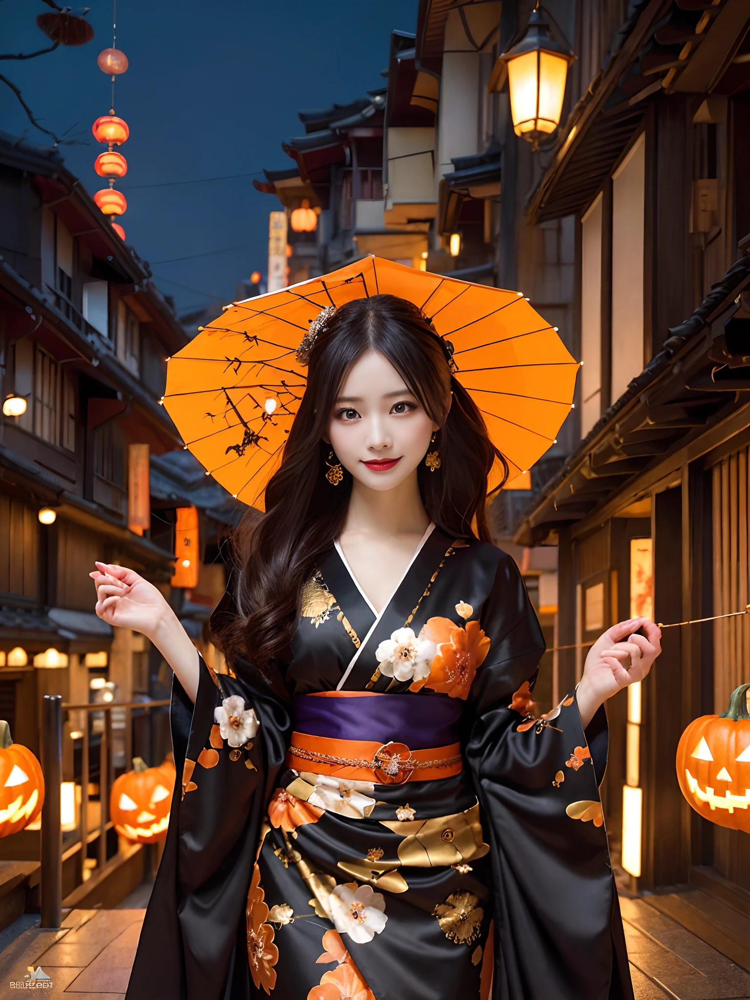 In a futuristic scene, Geisha in Japan with mechanical reinforcement、Elegant in elaborate gardens. She has beautifully detailed eyes and lips that complement her face. Geishas wear traditional kimonos with intricate patterns and designs. Night city and Halloween decorations around her. The scene is painted with a blend of illustration and photorealism, Ultra-detailed brush strokes and clarity, Vivid colors. Lighting emphasizes the elegant features of the geisha, Gives her porcelain skin a soft glow. Artwork is of the highest quality, 4K or 8K resolution, Showcase the intricate details of geisha attire, nightcity、Halloween. The overall color scheme is、It is a combination of traditional shades of Japan, Crimson, etc., blacks, and subtle gold accents, With a futuristic twist. The fusion of ancient traditions and modern technology is、Create captivating and visually striking masterpieces.Halloween、Halloween、pumpkins、Background Halloween、mischievous look、Evil face、Dubious smile