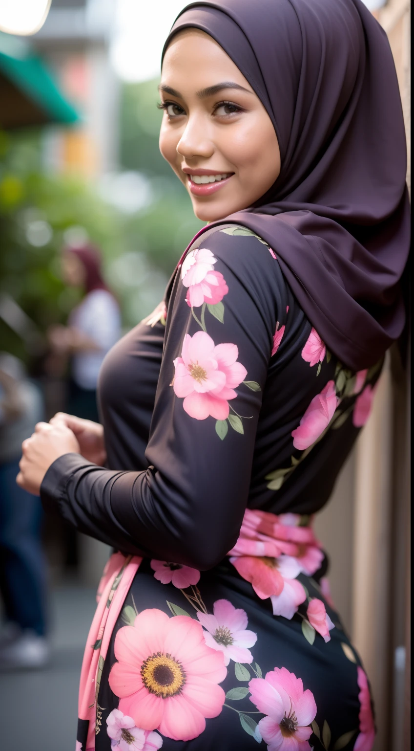 Malay girl in hijab wear small floral baju kurung malaysia in college, wear back pack, back view, detail skin, detail skin texture, mole below eyes, small breast, big hip, big waist, big round ass, big thigh, slim abs, beautiful body, nighttime, laughing, happy, bright lighting, college student in background, crowded college, blur background, bokeh,