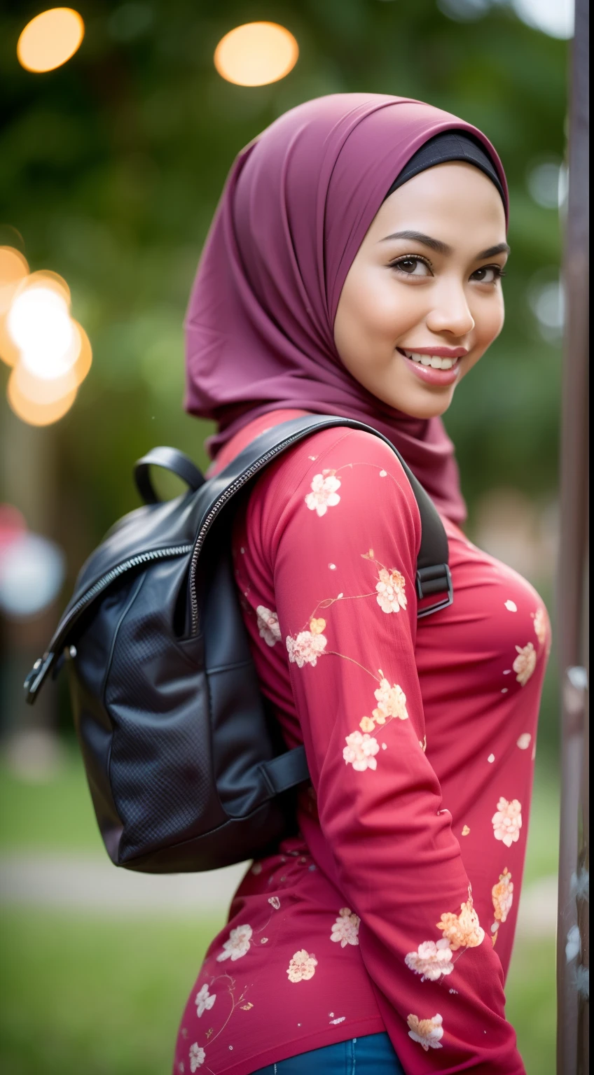 Malay girl in hijab wear small floral baju kurung malaysia in college, wear back pack, back view, detail skin, detail skin texture, mole below eyes, small breast, big hip, big waist, big round ass, big thigh, slim abs, beautiful body, nighttime, laughing, happy, bright lighting, college student in background, crowded college, blur background, bokeh,