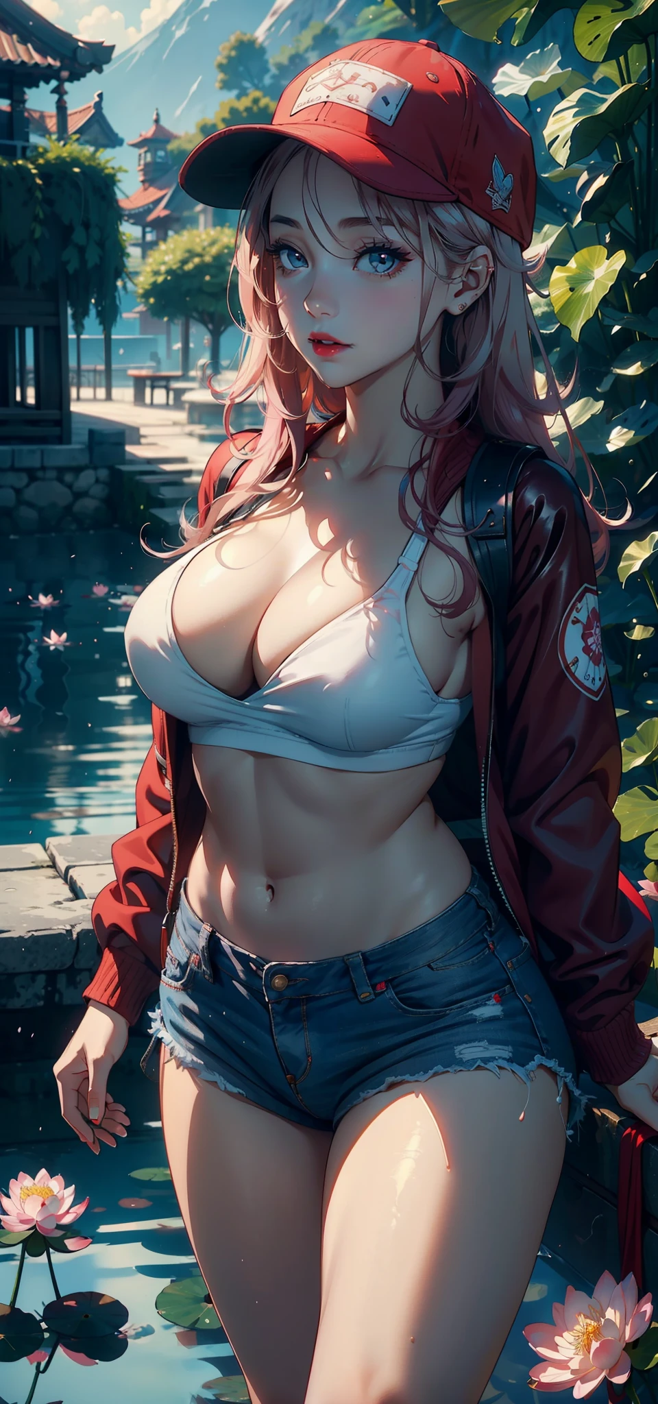 1female,35yo,plumw,extremely large bosom, 独奏,(Background with:ponds,Cherry blossom forest,lotus flower)Lie underwater, She has long pink hair,standing on your feet,seen from the front,, mostly cloudy sky,(((tmasterpiece),(Very detailed CG unity 8K wallpaper),best qualtiy,cinmatic lighting,detailed back ground,beatiful detailed eyes,Bright pupils,Black eyes,Snow-whiteskin,Redlip(Very fine and beautiful),(Beautiful and detailed eye description),ultra - detailed,tmasterpiece,))facing at camera,A high resolution,ultra - detailed),revealing breasts,Bare genitalia, Bulge,legs are open,Raised sexy,Camel toes,Flushed complexion,Desire for dissatisfaction,frontage,ssmile(Wearing:baseball cap,Red baseball jacket,Sexy denim shorts)