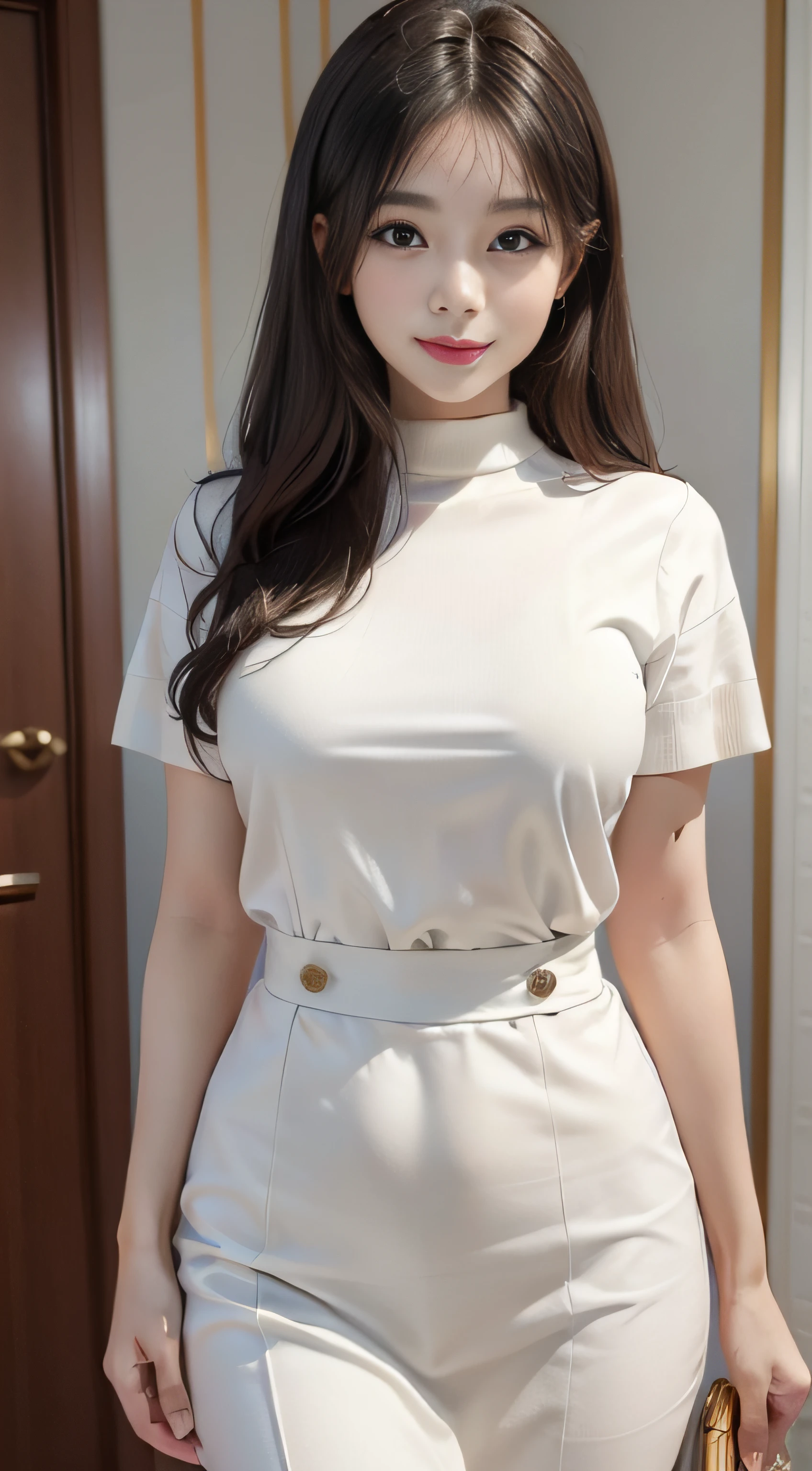 ​masterpiece、Top image quality:1.2、((beautiful young woman with))、Transparent skin:1.2、{A slight smil}、(kawaii)、Short sleeve knit、luxury hotel、depth of fields