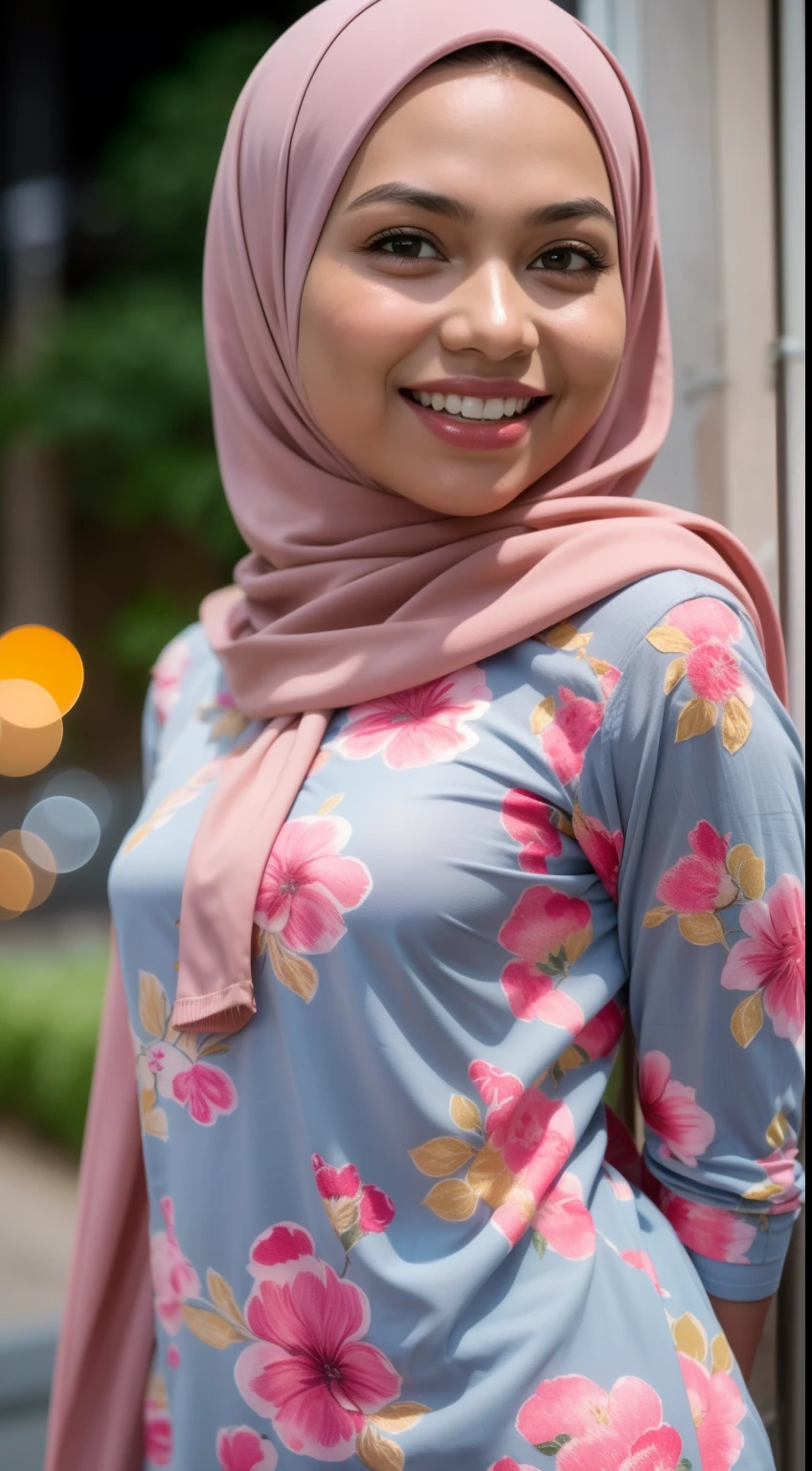 Malay girl in white hijab wear small floral white baju kurung malaysia in college, wear back pack, front view, detail skin, detail skin texture, mole below eyes, small breast, big hip, big waist, big thigh, slim abs, beautiful body, nighttime, laughing, happy, bright lighting, college student in background, crowded college, blur background, bokeh,