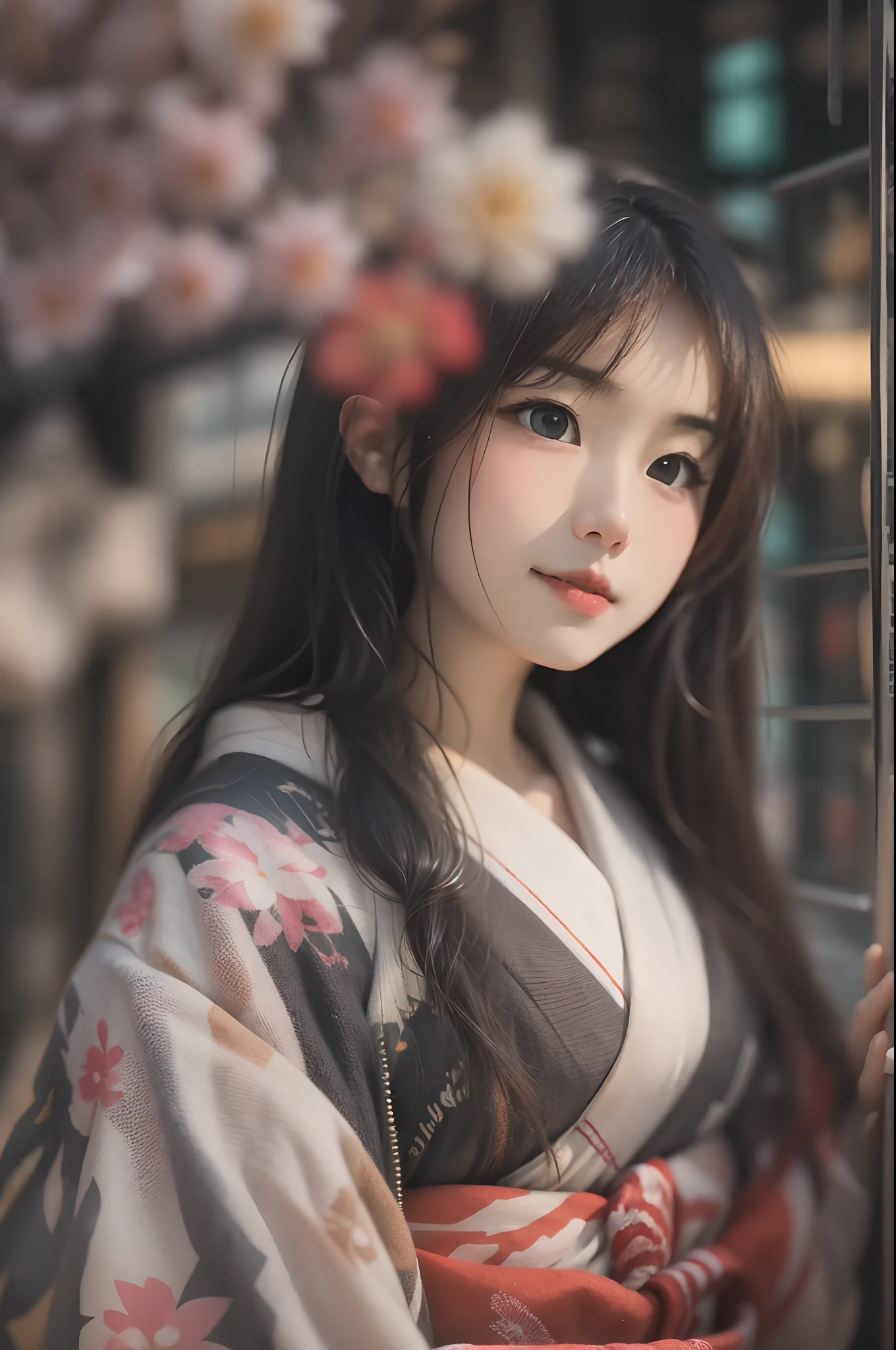Masterpiece, Best quality, (Realistic, Photorealistic:1.37)))), (1 person)), 8k, Very delicate and beautiful, Fantastic, Official art with attention to detail, Ridiculous, Incredibly ridiculous, Huge file size, Ultra detailed, Very detailed, (Beautiful girl), (Detailed girl), Very detailed eyes and face, Beautiful detailed eyes, Light makeup, (1 girl), (perfect female figure), Slim waist, (Japan beauty), (full body)), With bangs, Feminine look, Gentle smile, (furisode), (Japan kimono), Kunoichi, Japan dagger, (20years old),