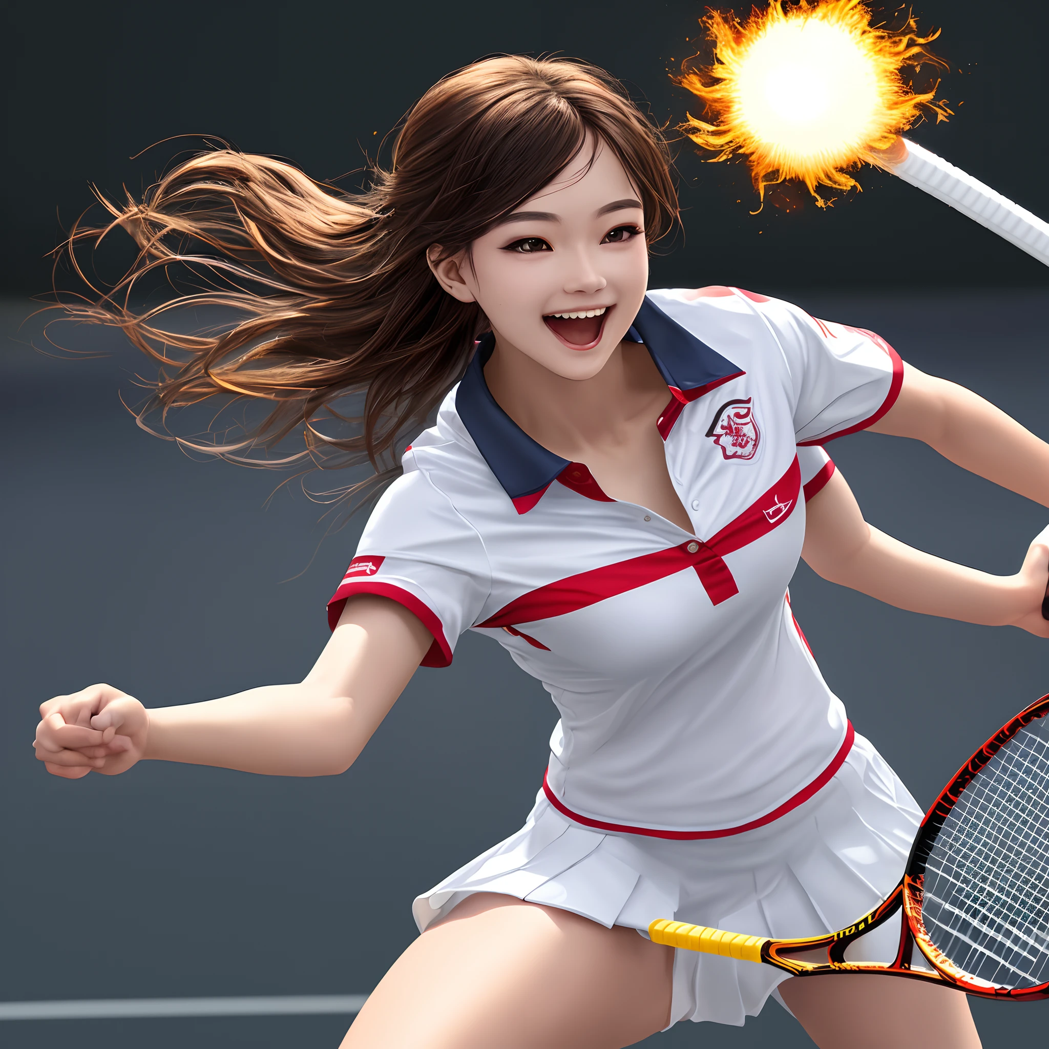 offcial art, Unity 8k Wallpapers, ultra - detailed, tmasterpiece, top-quality, 1人の女性, (The is very detailed),(RAW photography、top-quality)、(hentail realism、Photorealsitic:1.3)、high detal、Ultra detailed complex 3D rendering of face、(highlydetailed skin:1.2)、dynamic ungle, enigmatic expression, fire glow effect, profesional lighting, side lights, ciinematic light, 超A high resolution, 8K , Film grains,Best shadows, Particles of Light, detailed skin textures, A detailed face, intricately details, ultra - detailed, with light glowing, Strong with, Looking back、full bodyesbian, tennis coat、beauitful face、blurred back、a 18 years beautiful girl、shiny skins、double tails、beatiful brown hair、Gray eyes、Tie your hair with a big red ribbon、(Badminton uniform、Take a racket、dynamicposes:1.3)、Arm Raised、mouth open smile、curves、dynamicposes、white panties、