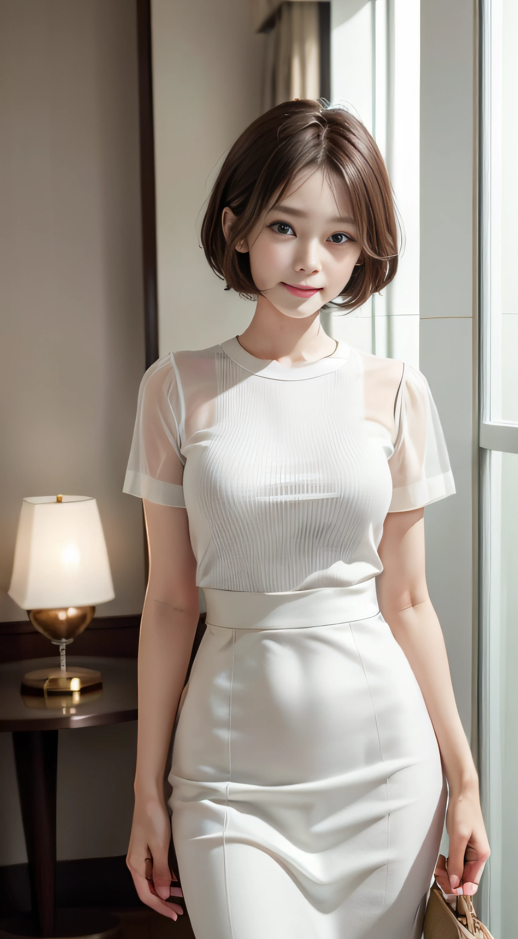 masterpiece、Top image quality:1.2、((beautiful young woman with))、Transparent skin:1.2、{A slight smil}、(kawaii)、Transparent short sleeve knit:1.2、luxury hotel、depth of fields、Sharp Focus:1.5、Fine details