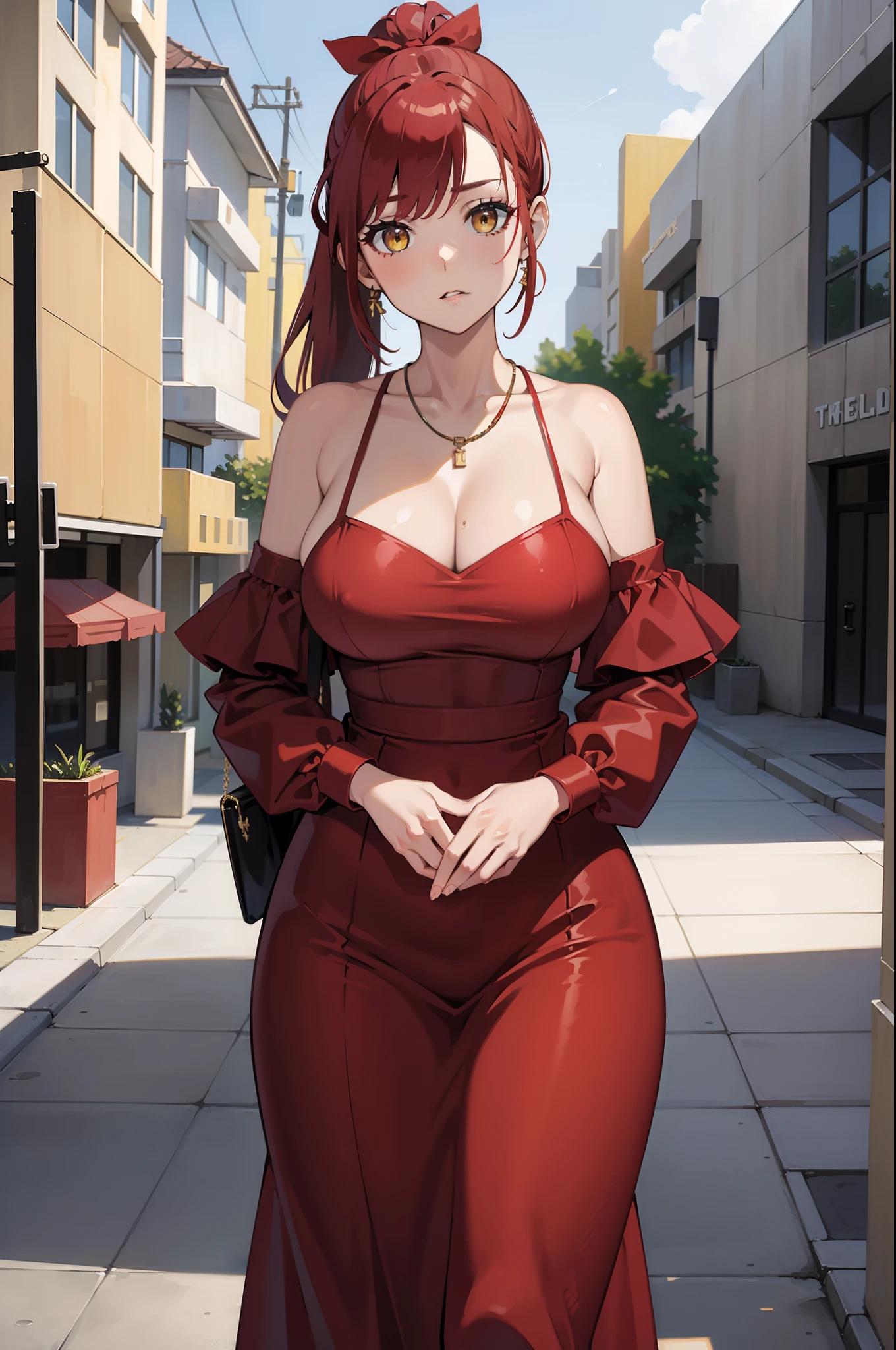 masterpiece, best quality, 4k, red hair, huge breasts, handbag, ponytail, off shoulder dress, necklaces, jewlery, wide hips, gyaru, hair ribbon, yellow eyes, holding t shirt