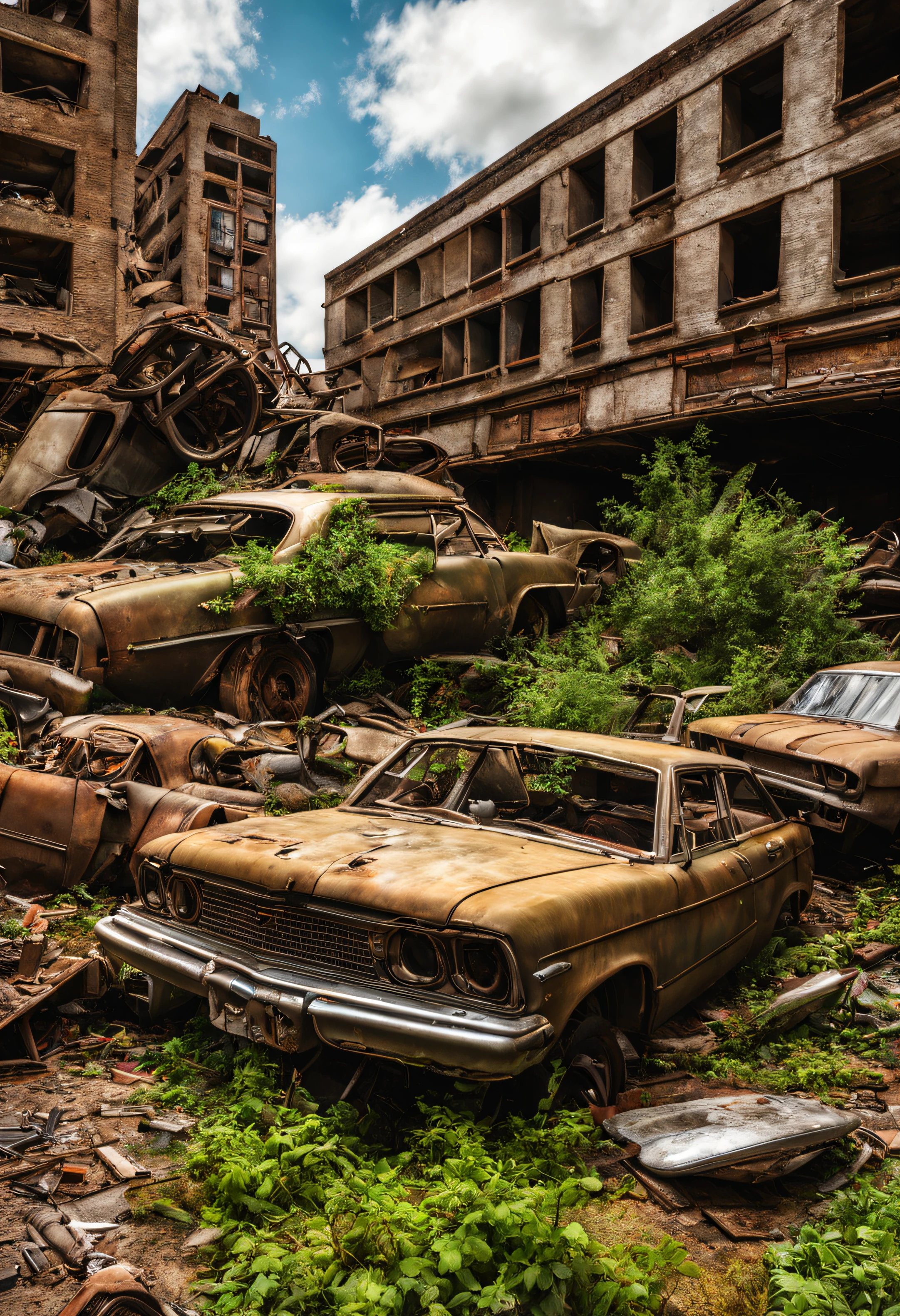 (best quality, HDR, ultra-detailed, realistic:1.37), post-apocalyptic, 3D abandoned city, destroyed buildings, plane crashed, car graveyard, abandoned cars, vegetation next to buildings, abandoned vehicles strewn and stacked