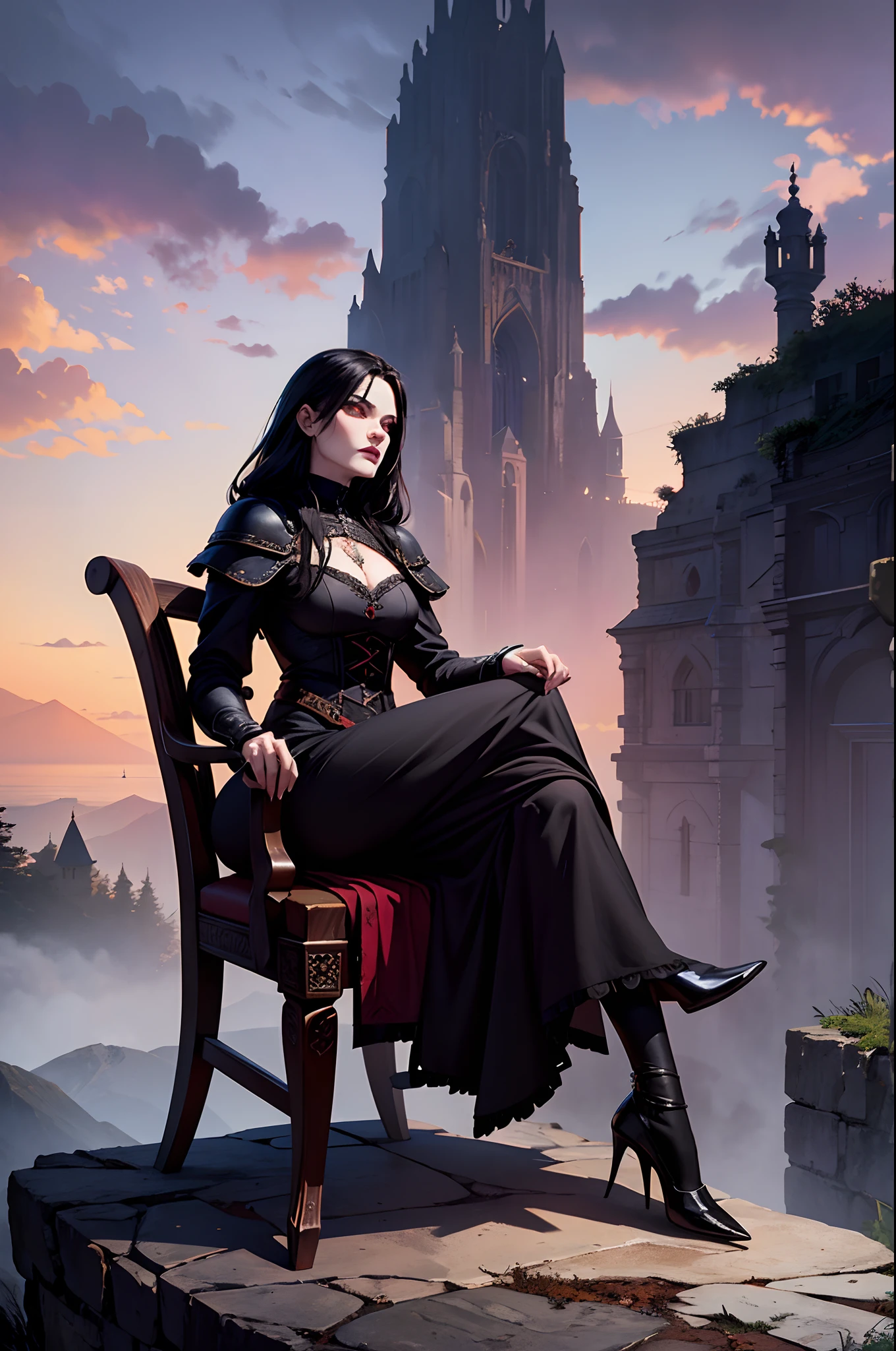 Personagem feminina vampira ruiva de cabelo laranjado e curto, gothic armor, on top of a raised stone in a challenging position, cor dos olhos azul do gelo, manto, capuz, dramatic scene, Torre do Mago, entardecer, magnifica, 8k, estola, roupas preta e vermelha, entardecer, dramatic scene, sky full of clouds, down a ruined staircase fluttering and long handle, cabelo alaranjado curto, lo gothic, vampiro, hand on chin in pensive position, ponderando, sitting in a chair with several books on the table and a quill in her hand to write on the parchment.