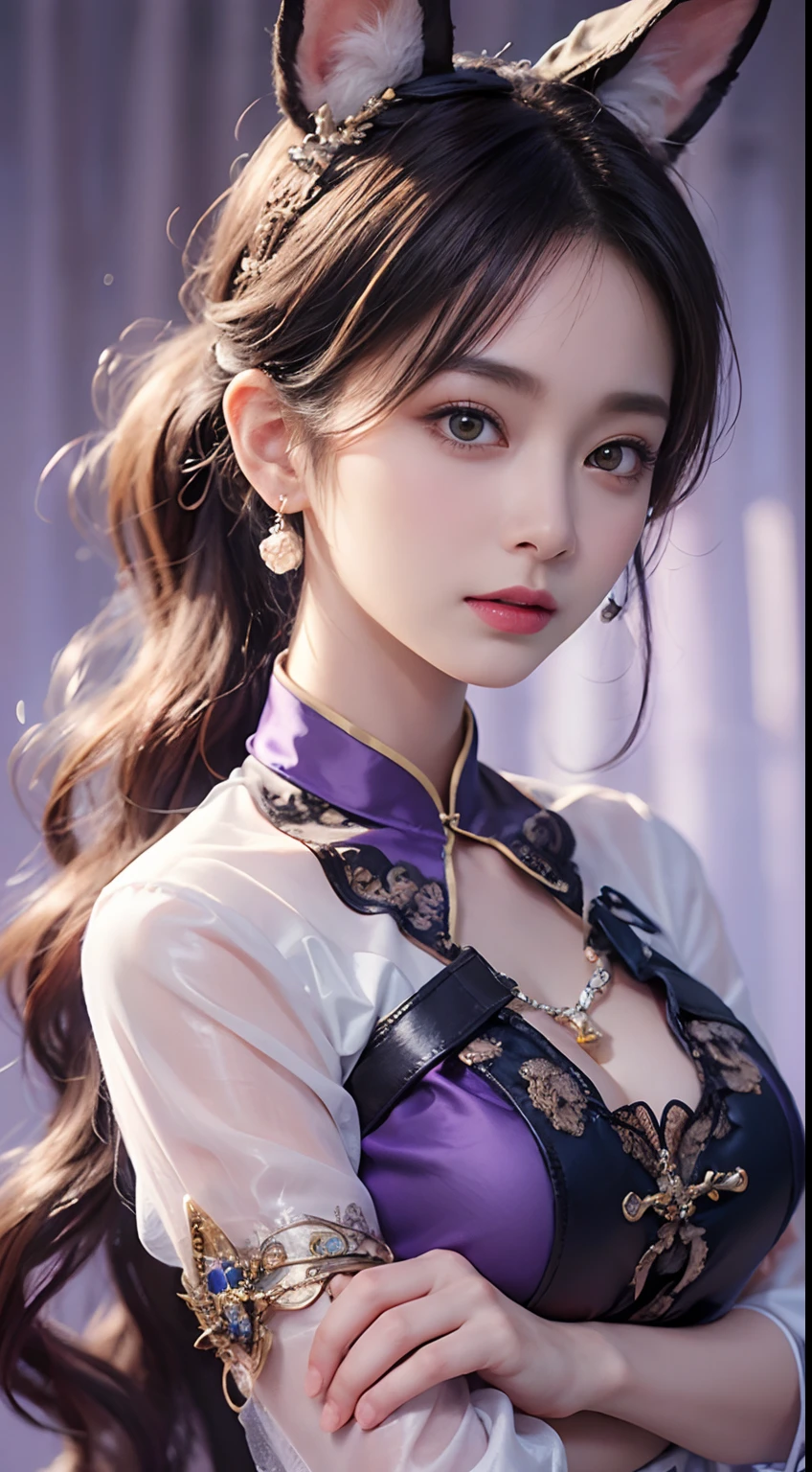 1 beautiful girl in Han costume, thin purple silk shirt with white color with many textures, white lace top, long platinum purple ponytail, Hair Jewelry, ear jewelry, light purple rabbit ears, necklace and necklace, meticulously drawn large purple eyes, meticulous makeup, Thin eyebrows, High Nose, lovely red lips, not smiling, pursed lips, rosy cheeks, wide breasts, Big breasts , well-proportioned bust, Slim waist, purple mesh socks, chinese hanfu style, fictitious art textures, vivid and realistic colors, RAW Photos, Realistic Photos, ultra high quality 8k surreal photos, (effective fantasy light effect: 1.8), 10x pixel, magical effect (Background): 1.8), ultradetailed eyes, girl body portrait, ancient hanfu background,